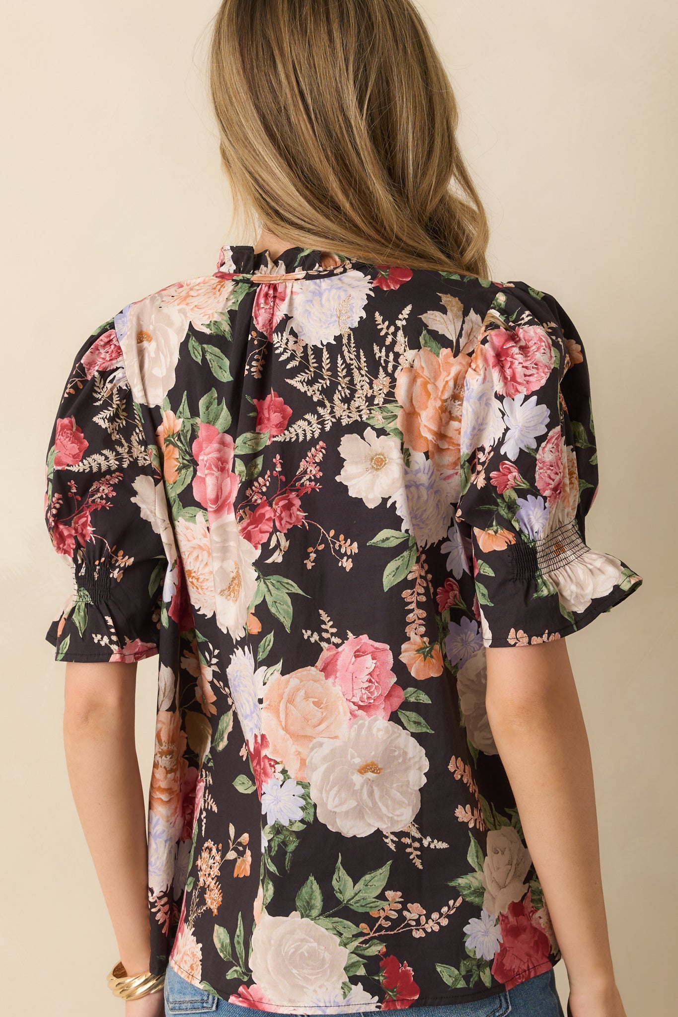 No Matter The Day Black Multi Floral Print Cotton Puff Sleeve Top