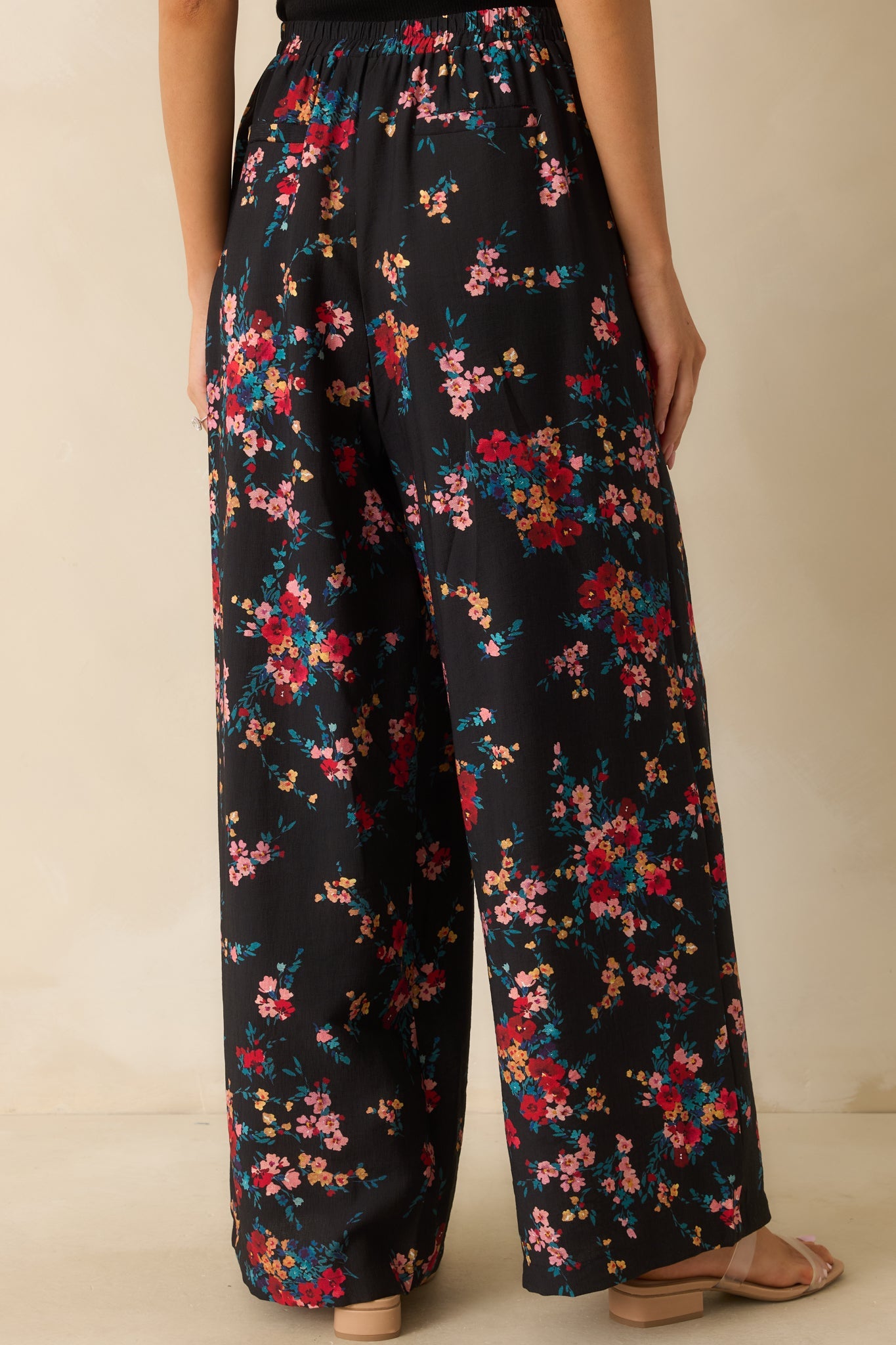 Wander and Bloom Black Multi Floral Print Wide Leg Pants