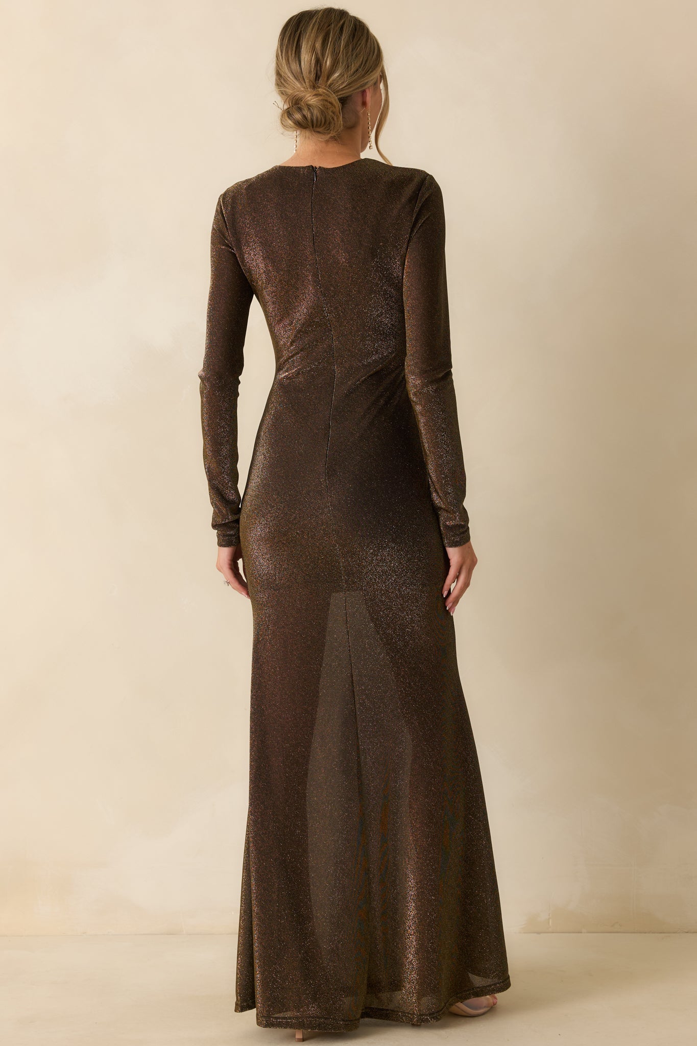 Veil of Light Black & Gold Long Sleeve Metallic Maxi Dress