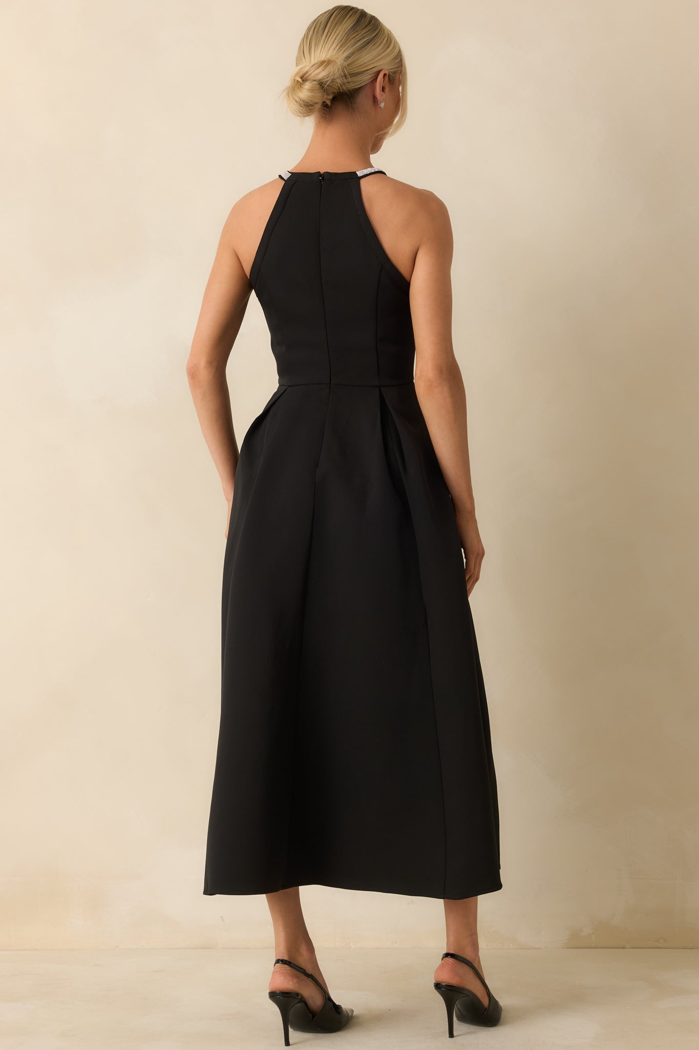Edge of Glam Black Rhinestone Trim Midi Dress