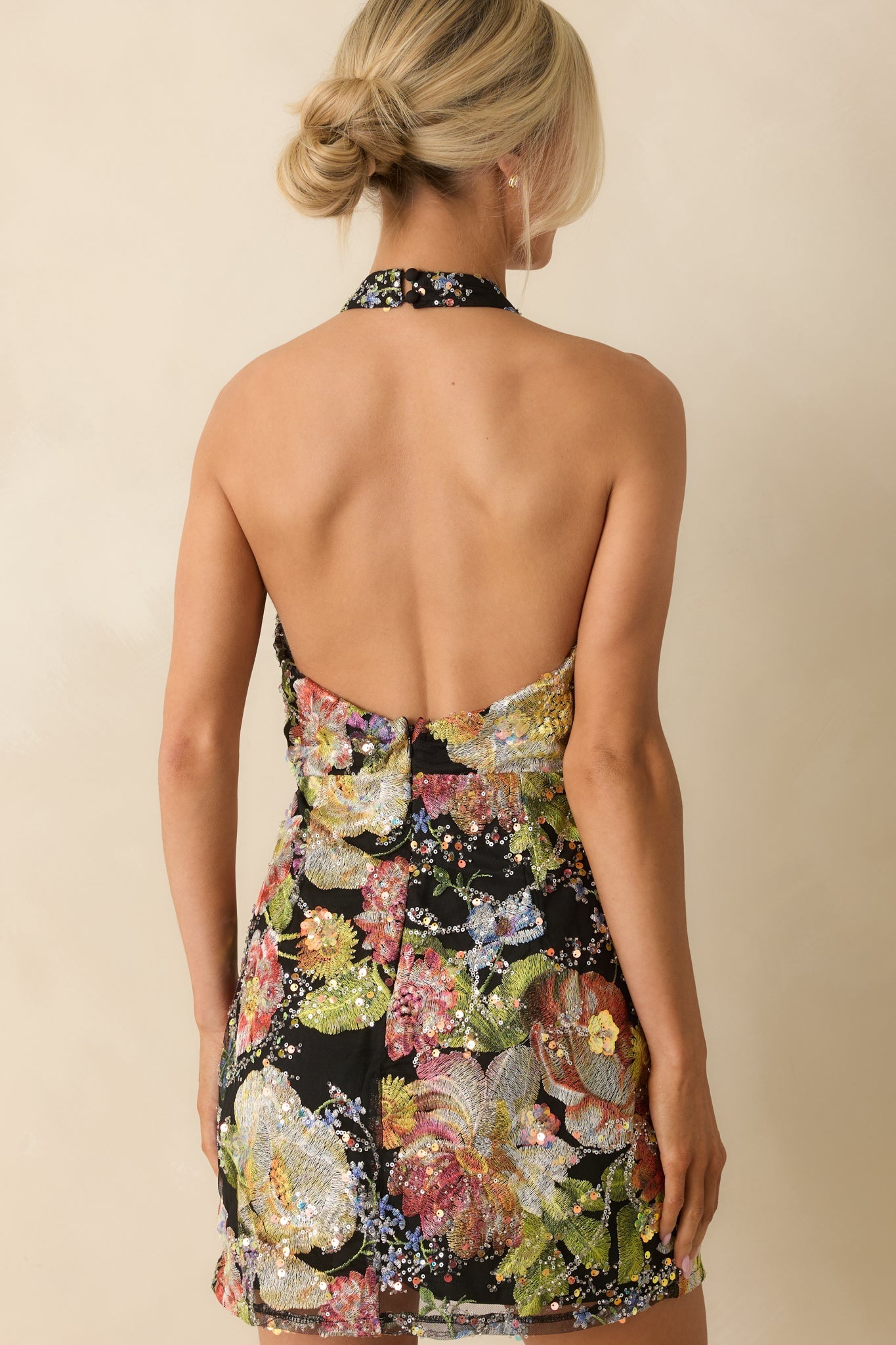 Daring To Bloom Black Multi Floral Sequined Halter Mini Dress