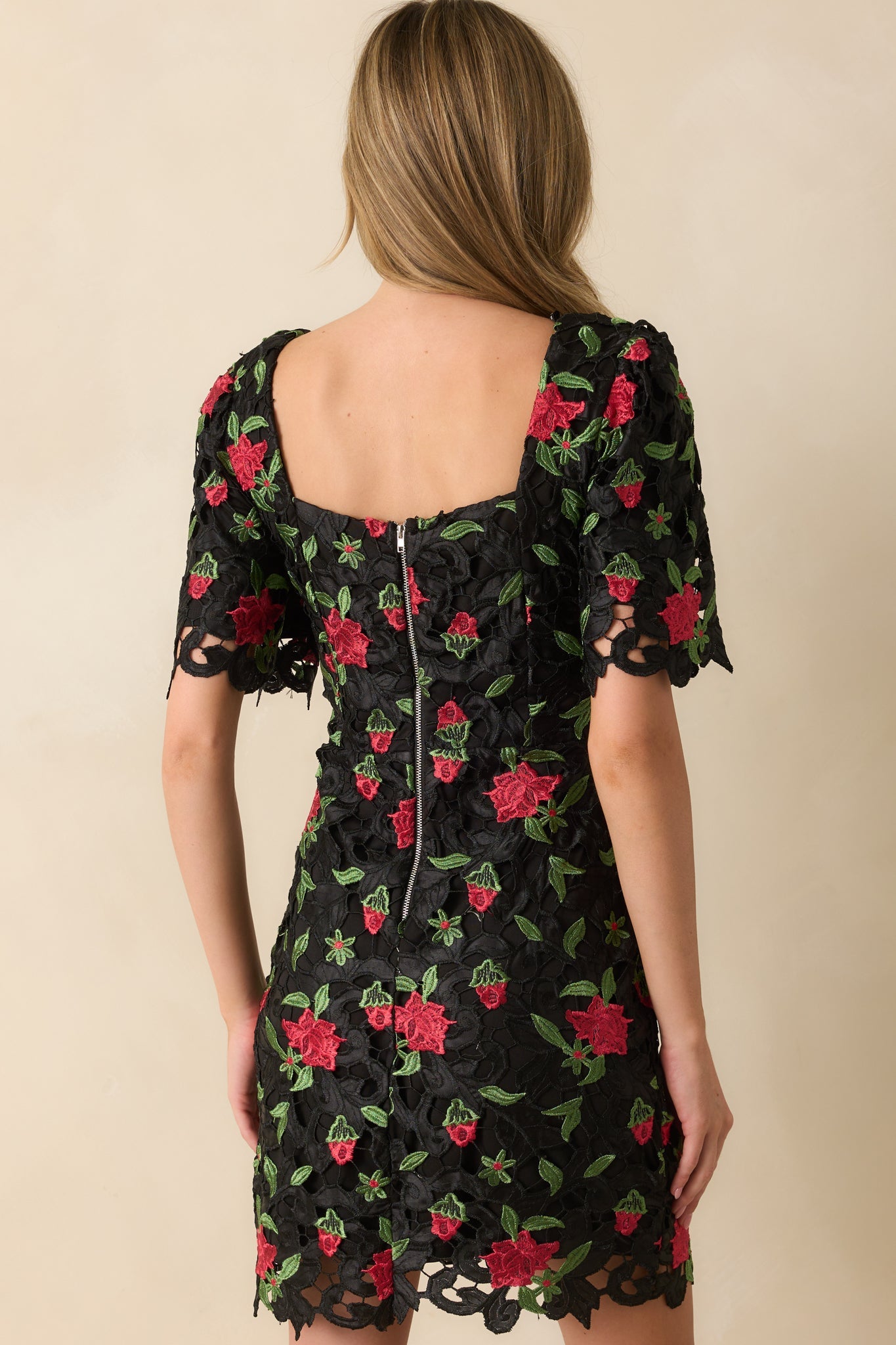Rosebud Dreams Black Lace Embroidered Mini Dress