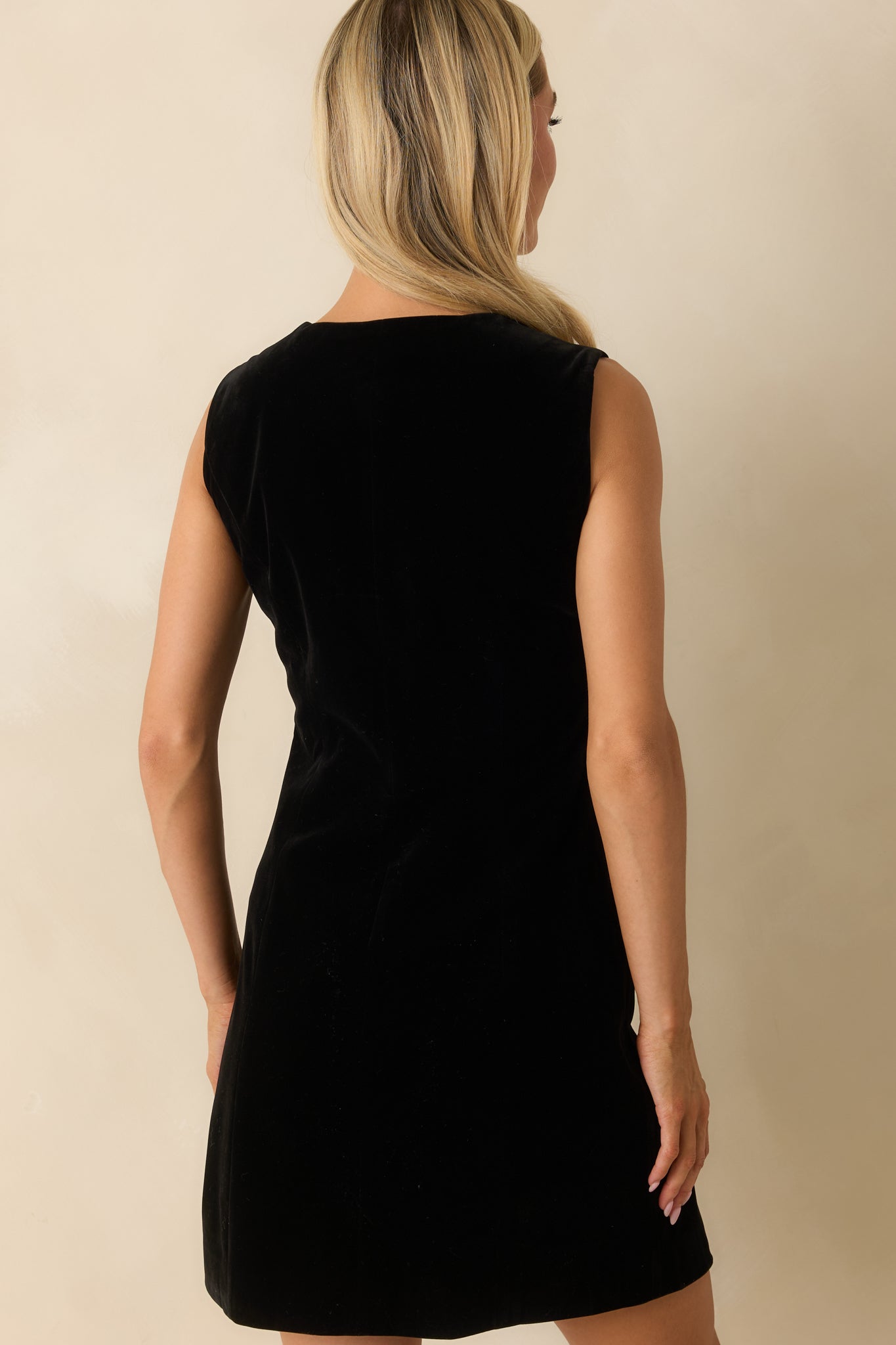 Command the Room Black Velvet Scalloped Button Front Mini Dress