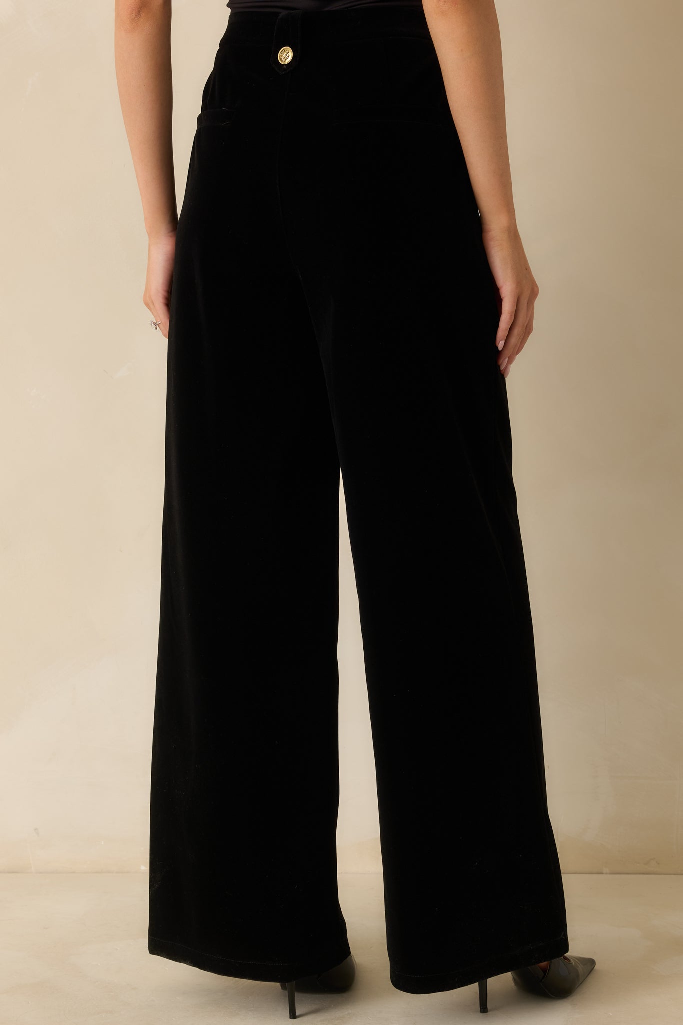 The Sleek Standard Black Velvet Button Accent Wide Leg Pants