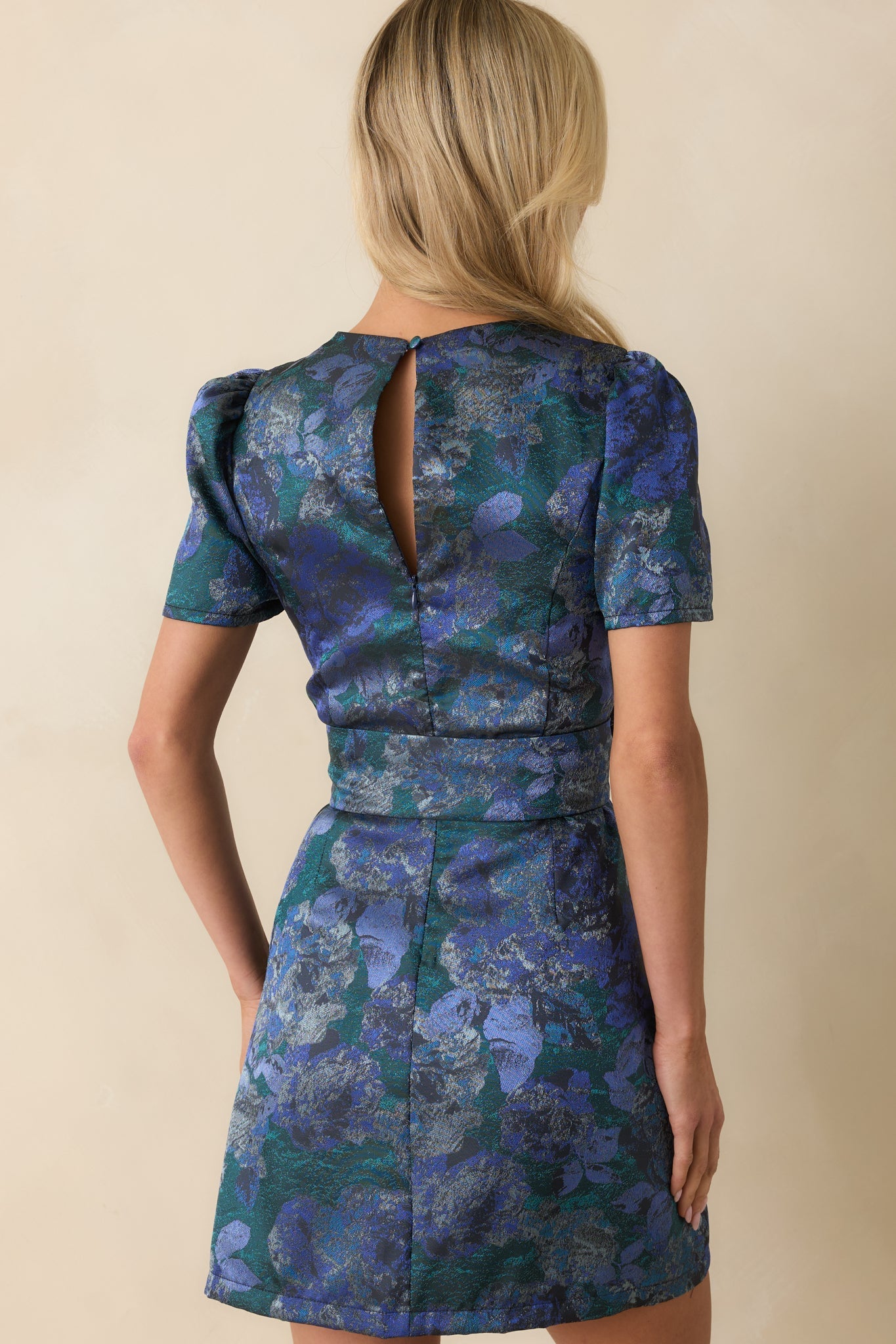 That's The Idea Blue Multi Floral Jacquard Belted Mini Dress