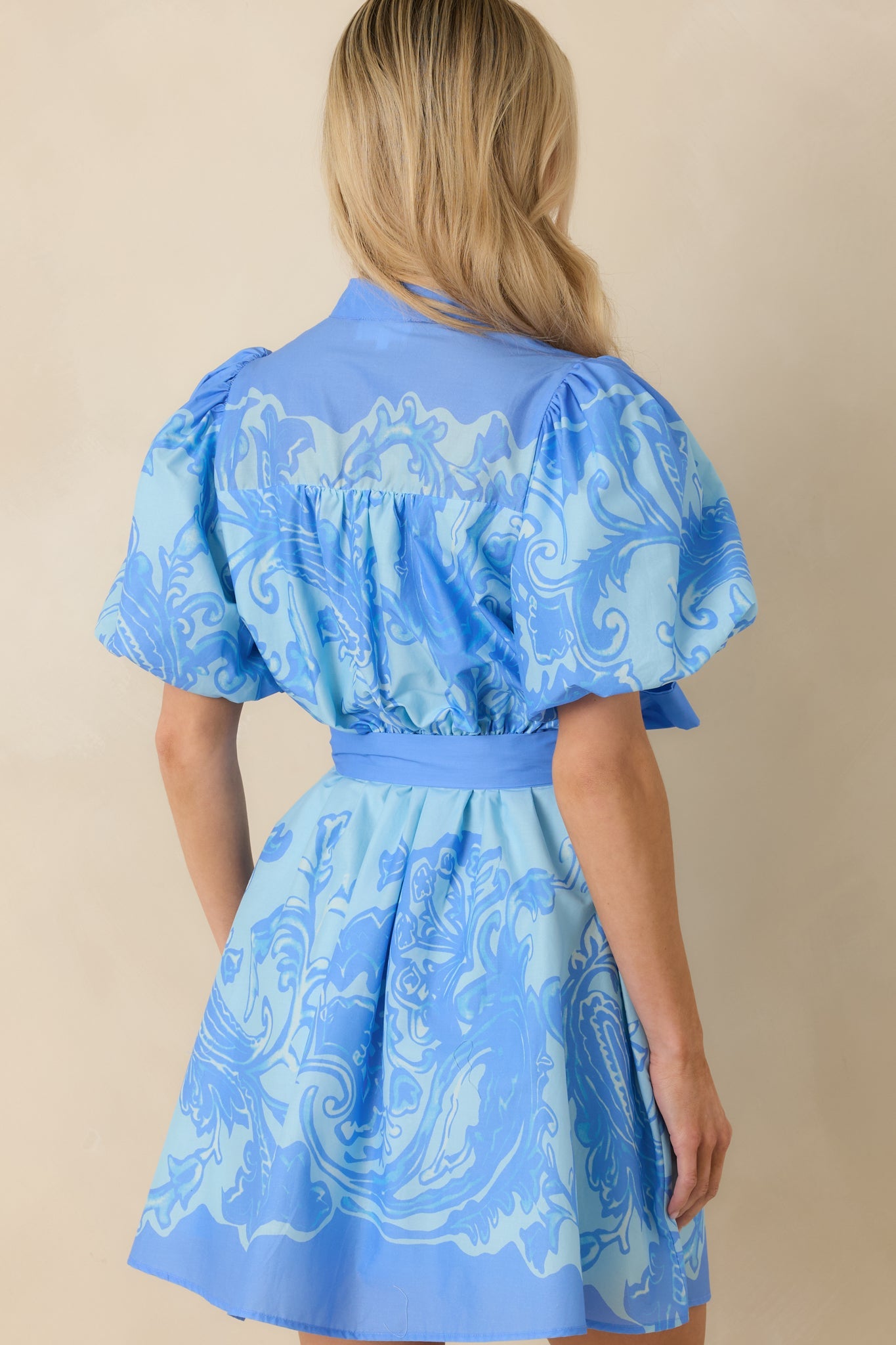 Something in the Air Blue Cotton Paisley Belted V-Neck Mini Dress