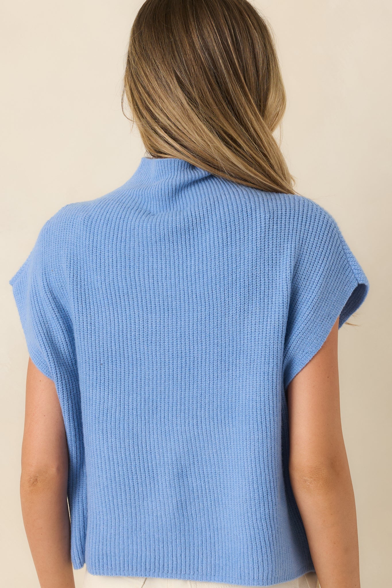 Cool Intentions Blue Ribbed Knit Mockneck Cap Sleeve Sweater