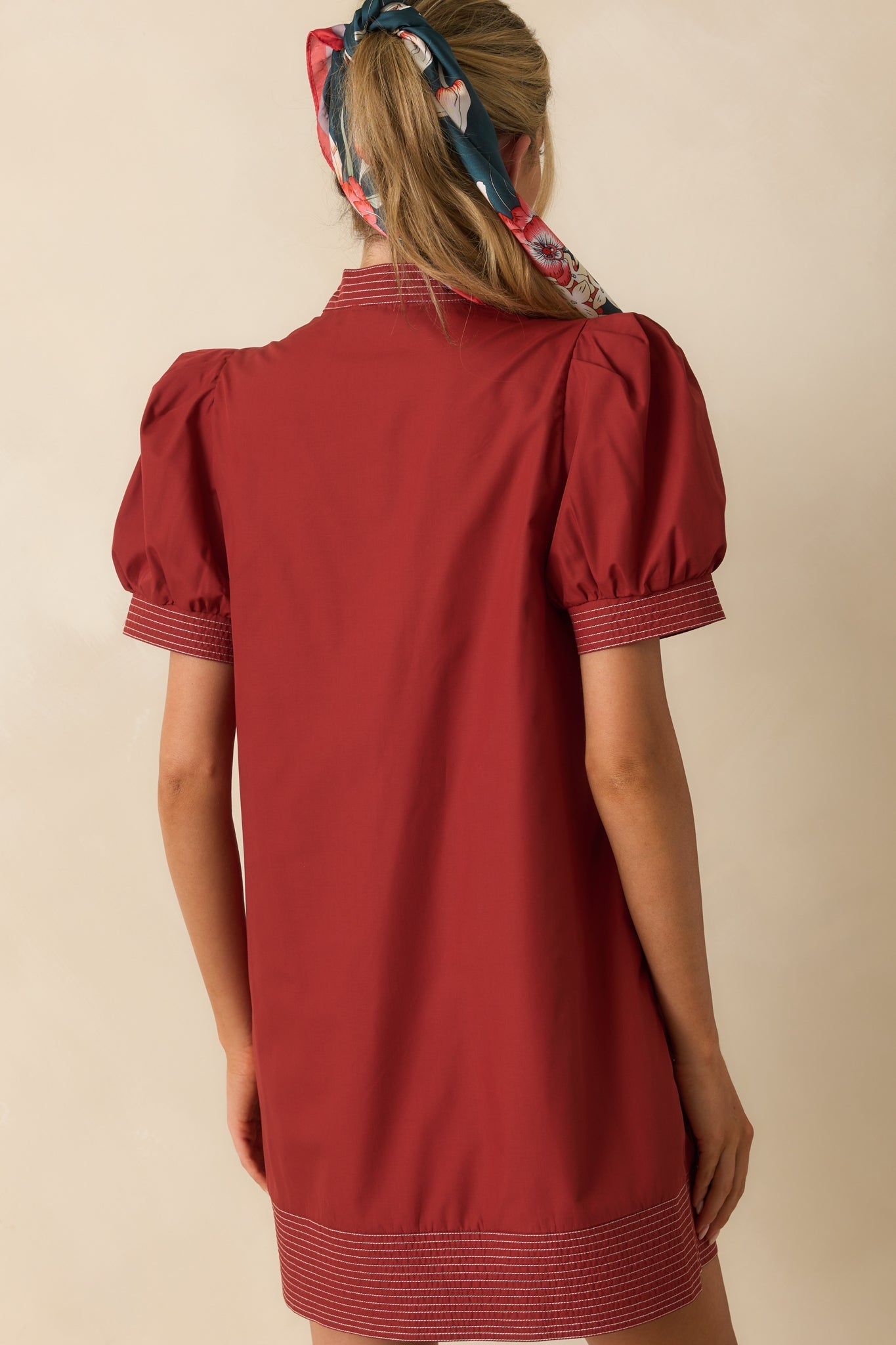 Took The Right Turn Brick Red Cotton Puff Sleeve Mini Dress