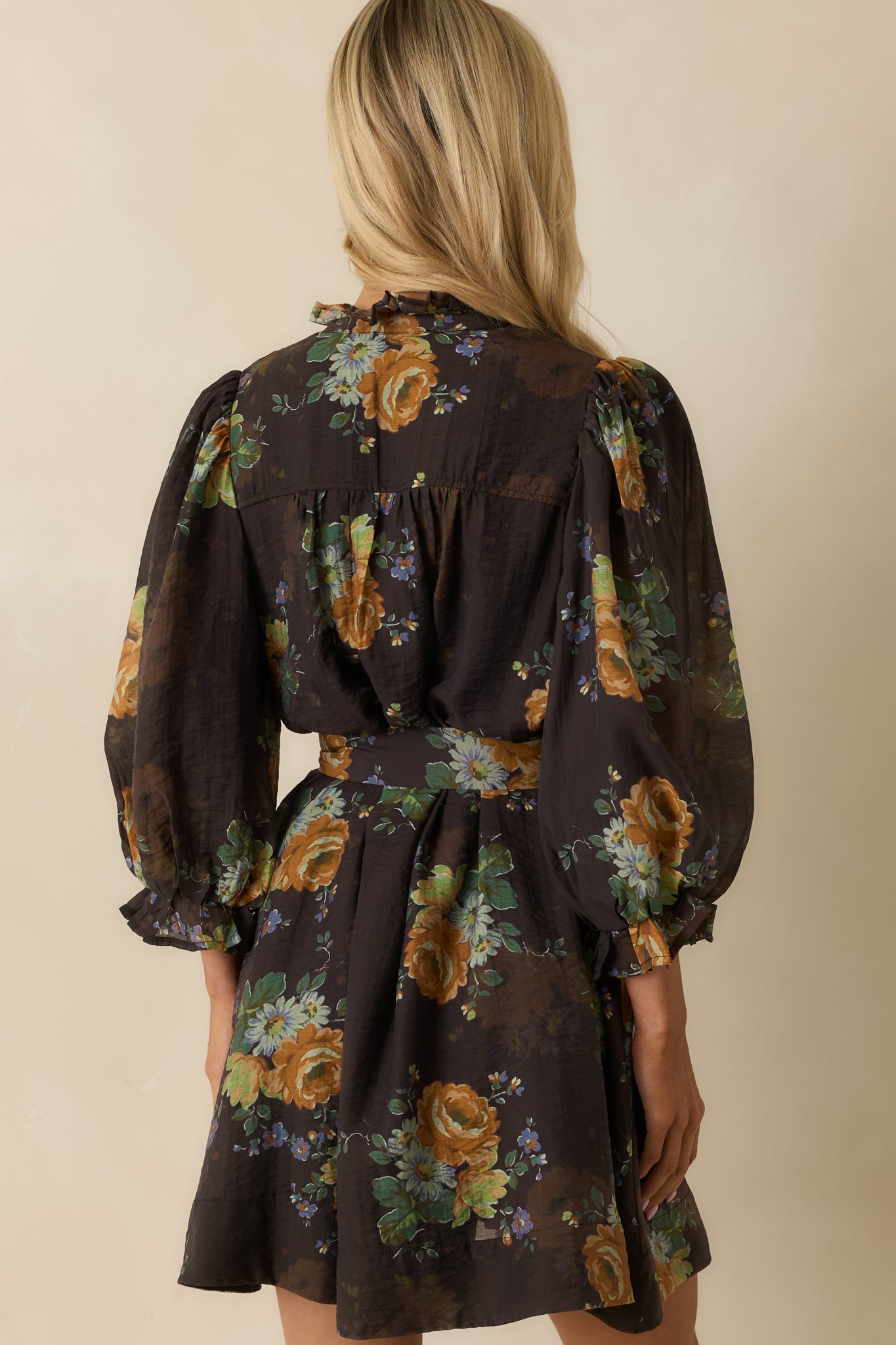 Rustic Romance Dark Brown Multi Floral Print Belted Mini Dress