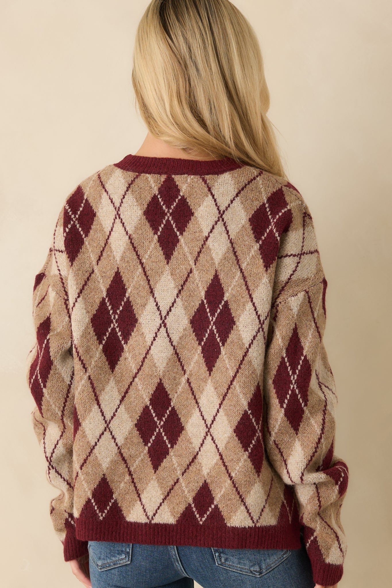 No Place Like Home Burgundy Multi Argyle Knit Sweater