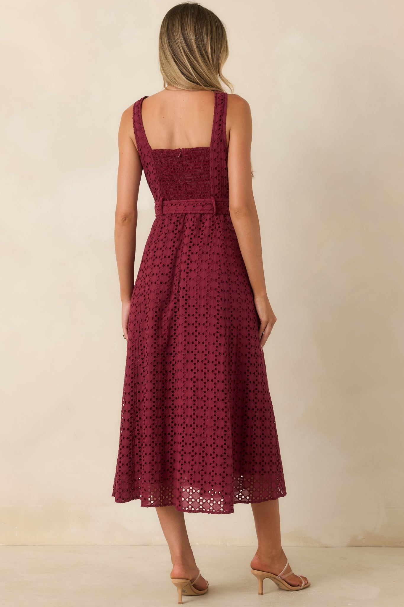 Garden Society Burgundy Cotton Eyelet Sleeveless Midi Dress