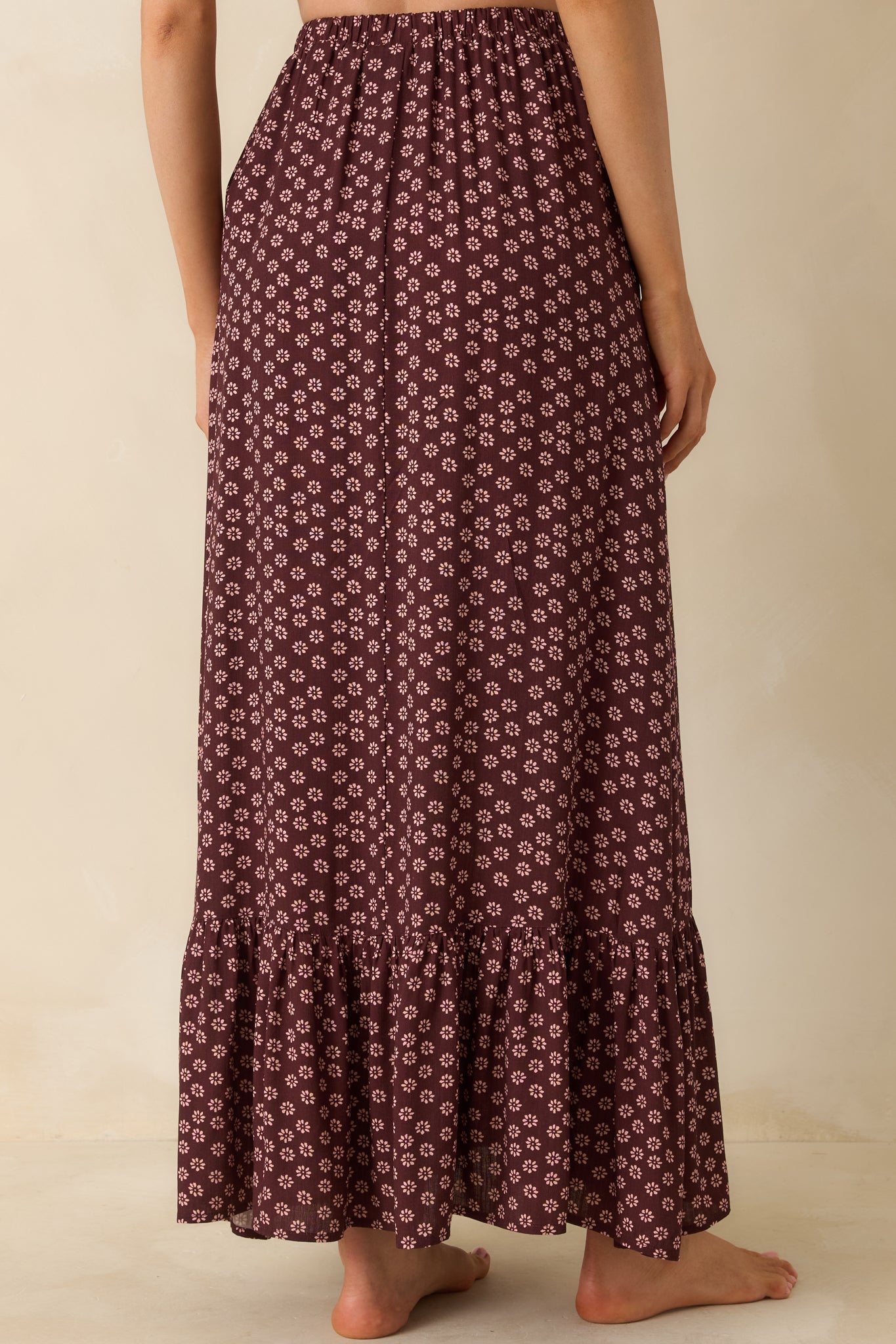 MINKPINK Sierra Burgundy Floral Ruffle Hem Maxi Skirt