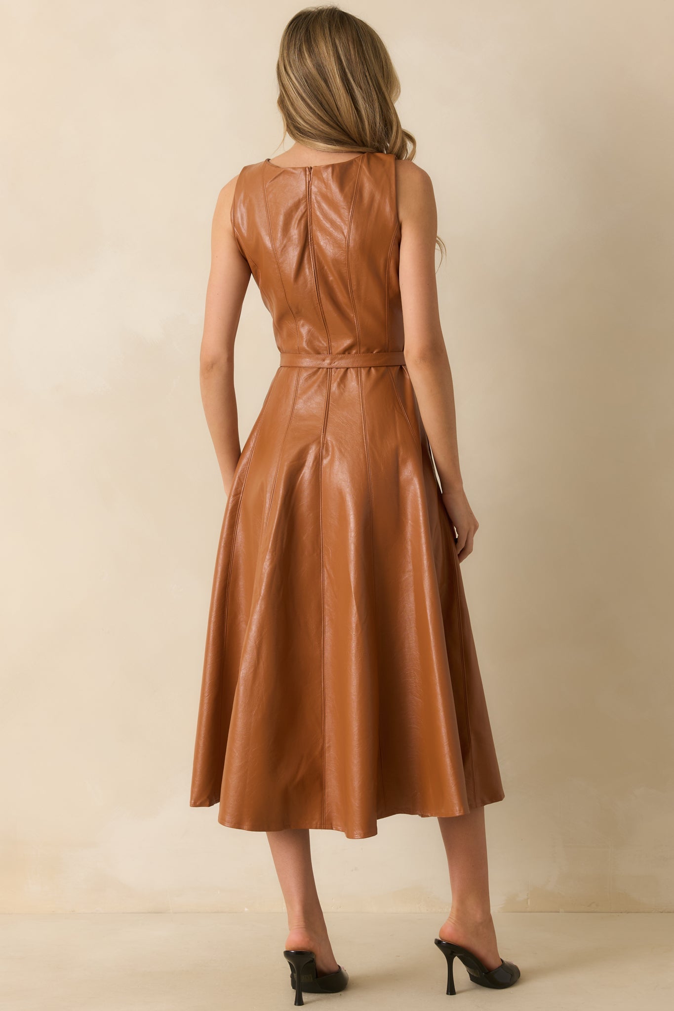 End Of Discussion Caramel Brown Faux Leather Belted Maxi Dress