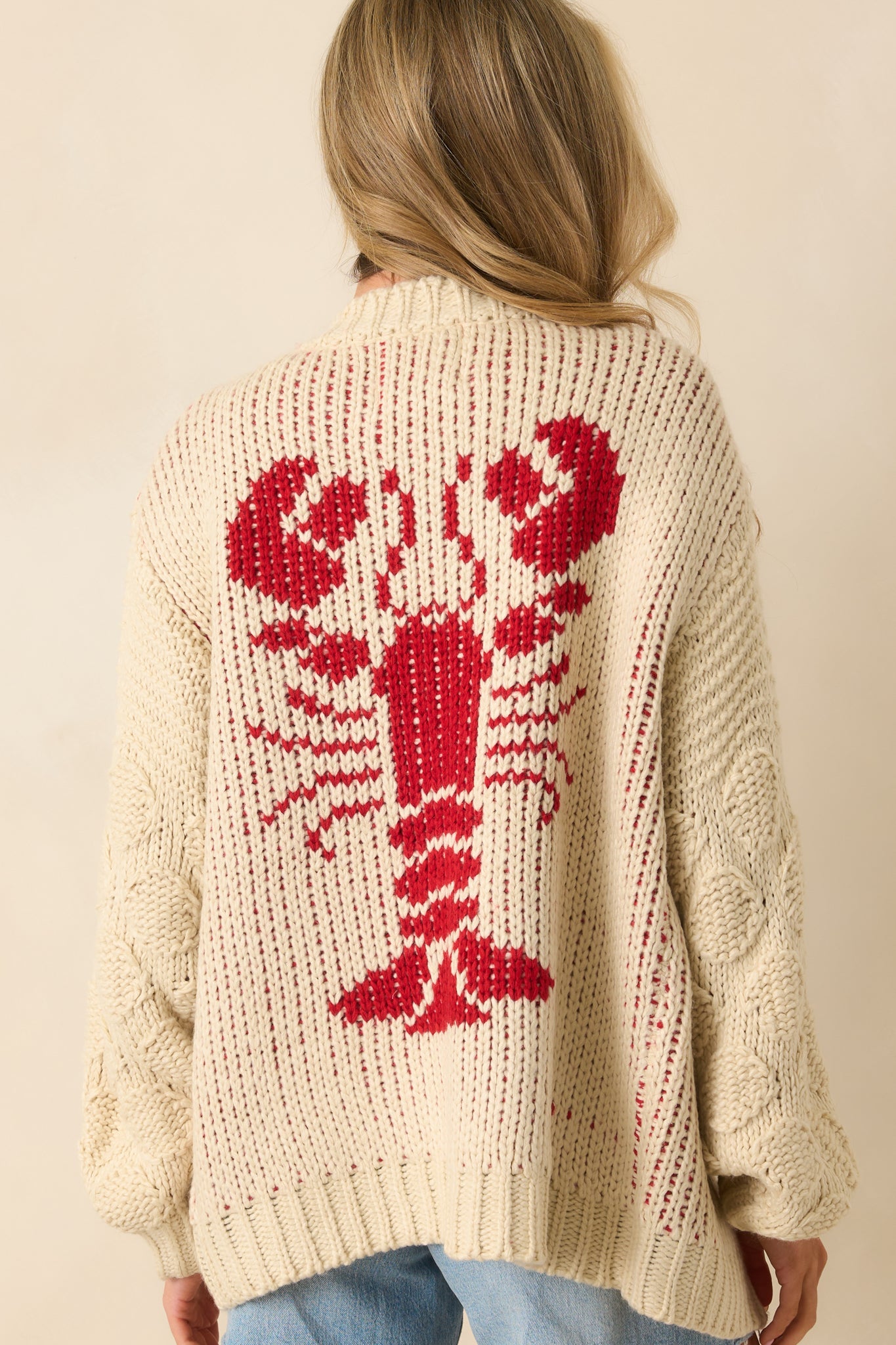 Dinner By The Dock Ivory Lobster Motif Open Front Cardigan
