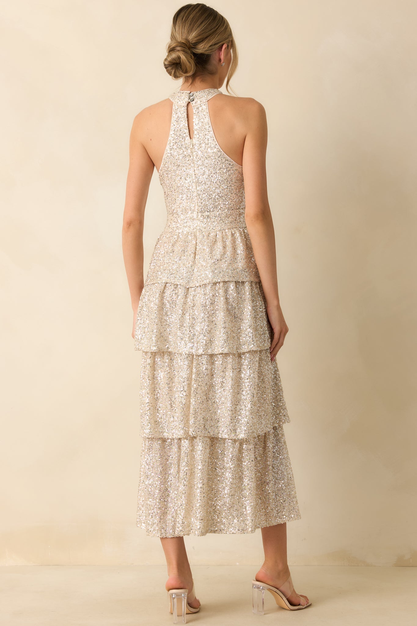 Always On Point Champagne Sequin Halter Maxi Dress