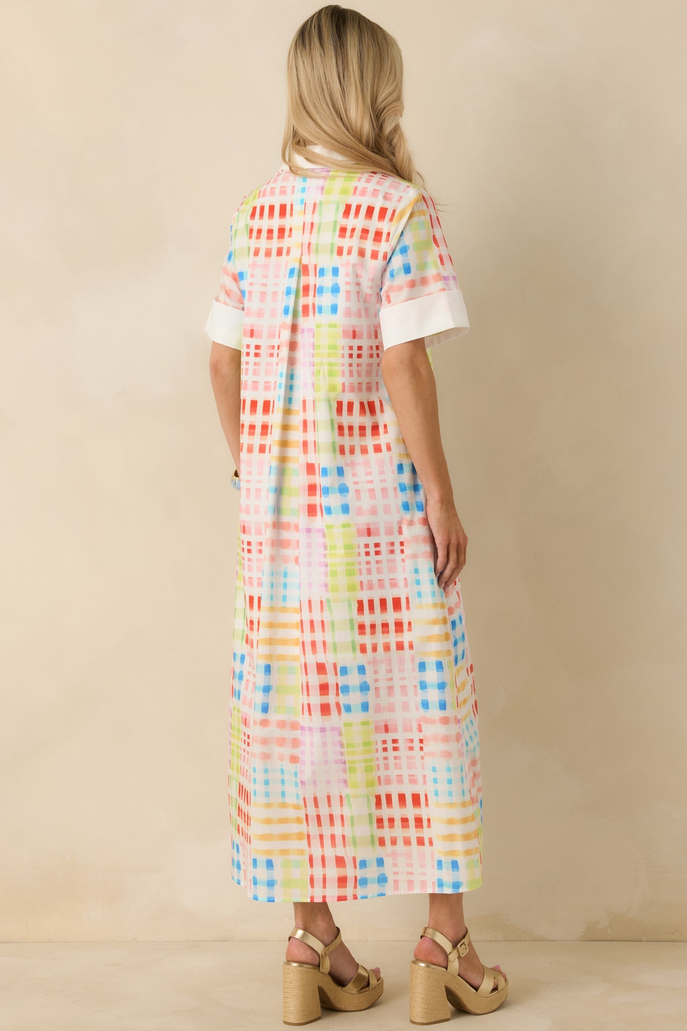 Fresh Palette Multi Color Cotton Check Button Front Maxi Shirt Dress