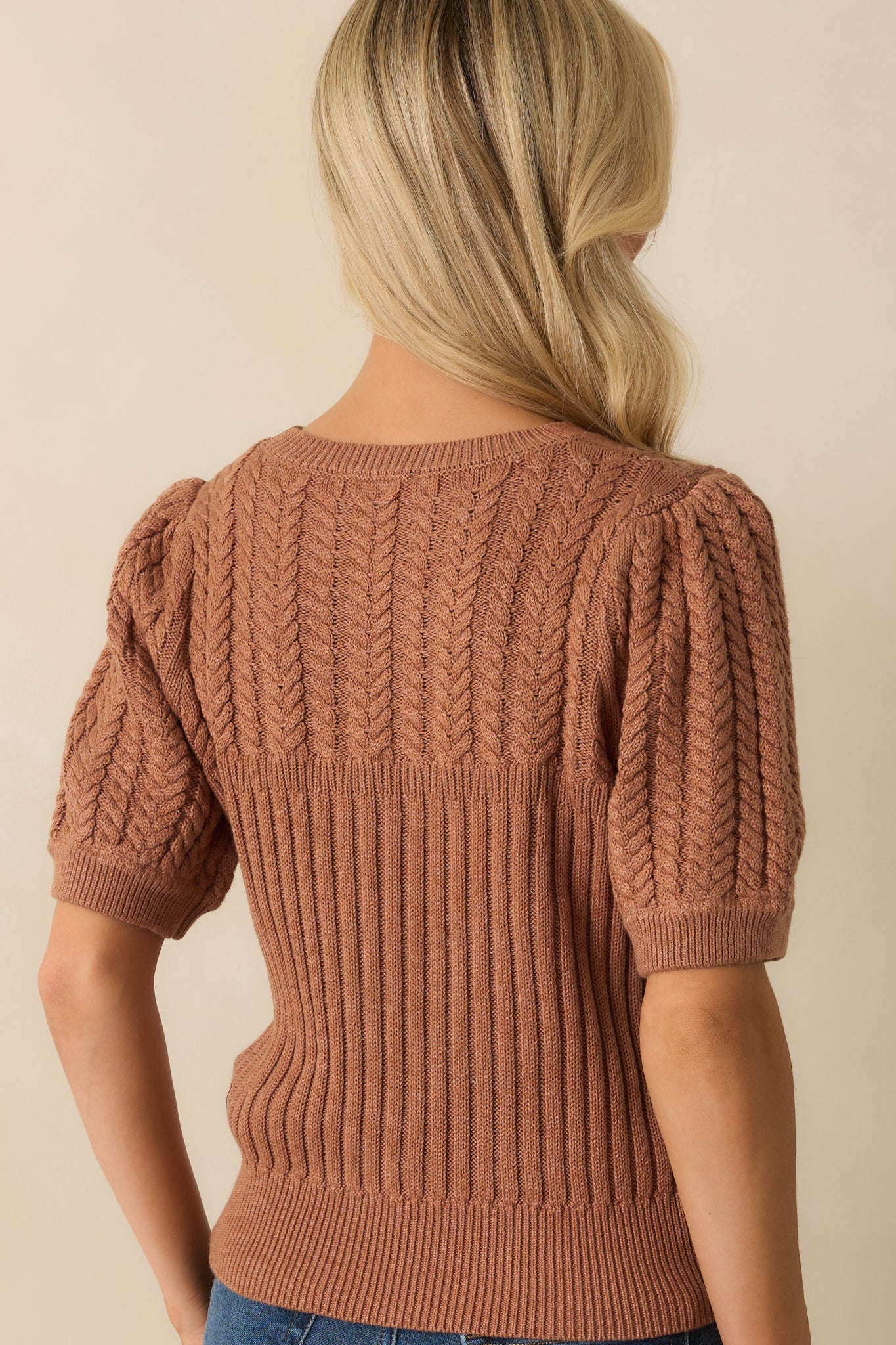 Don't Doubt It Clay Brown Cable Knit Short Sleeve Ribbed Sweater
