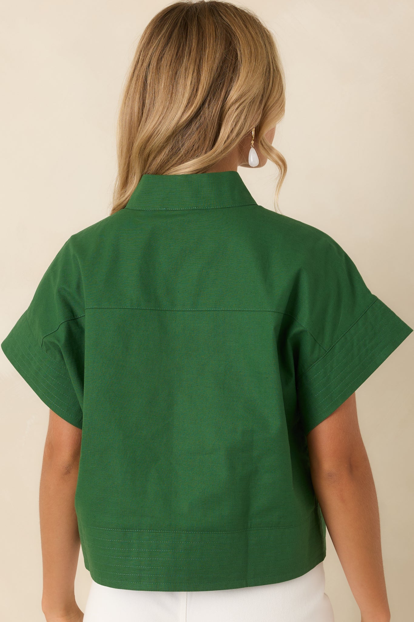 Pretty In Power Fern Green Cotton Linen Button-Front Mock Neck Top