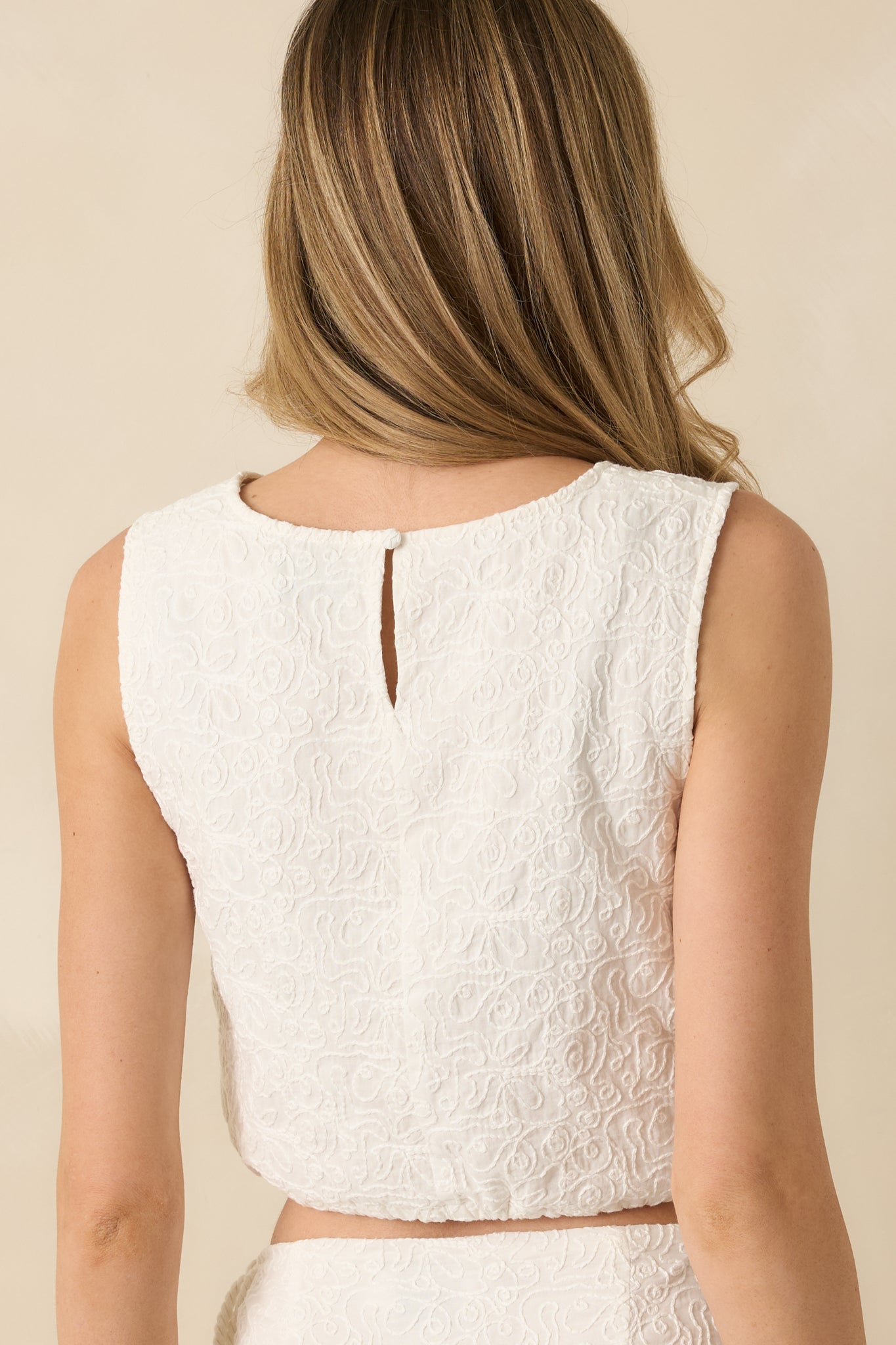 MINKPINK Daphne White Cotton Jacquard Tie Waist Crop Top