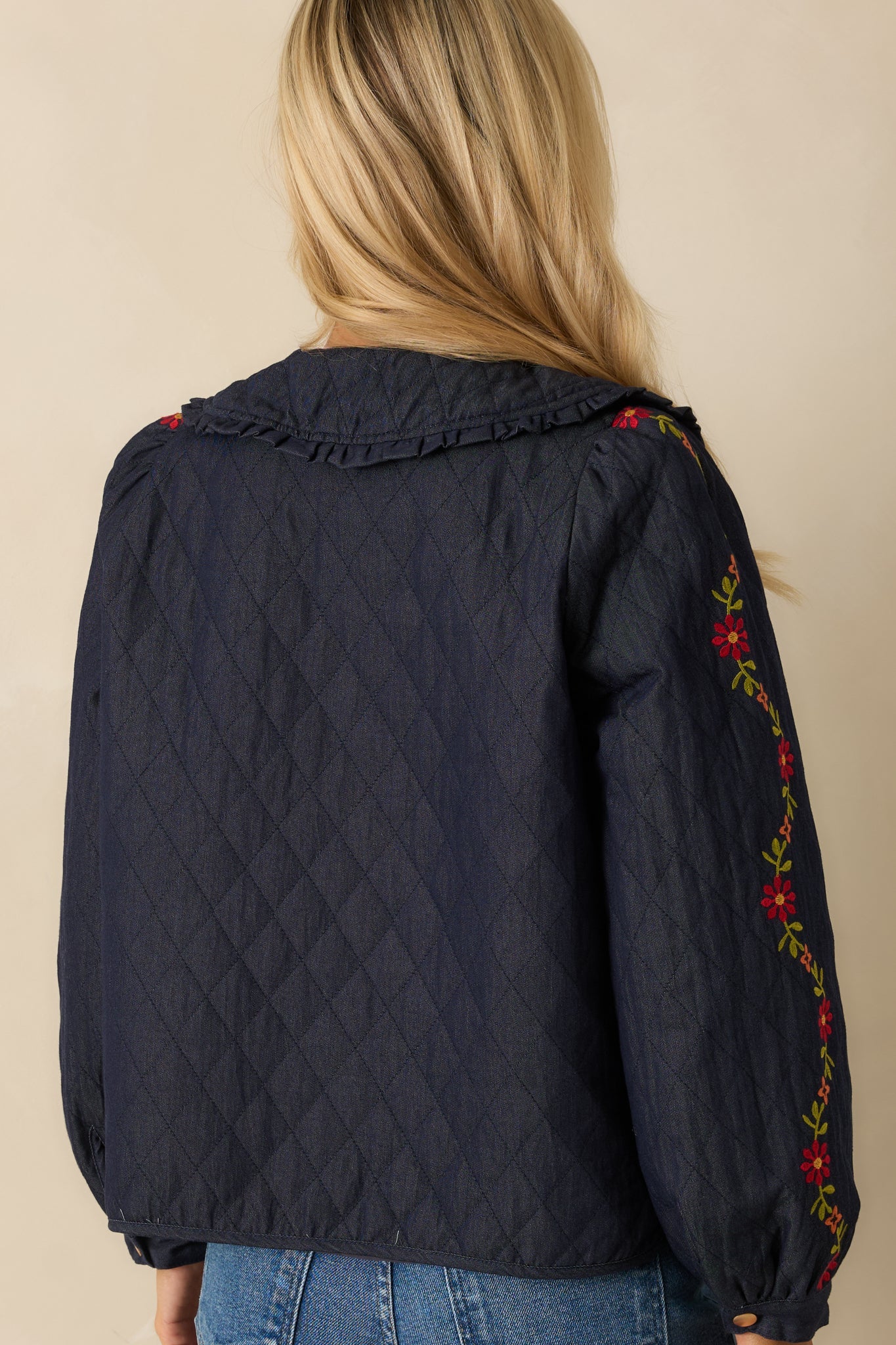 Wildflower Trails Dark Indigo Denim Quilted Embroidered Button Up Jacket