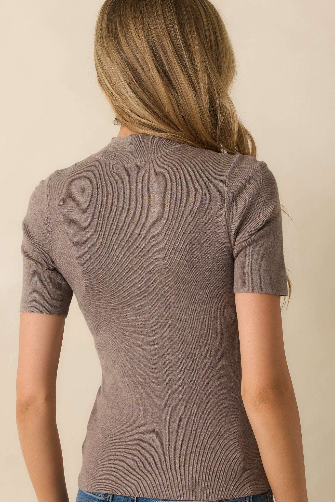 Without Thinking Dark Taupe Ribbed Mock Neck Short Sleeve Top