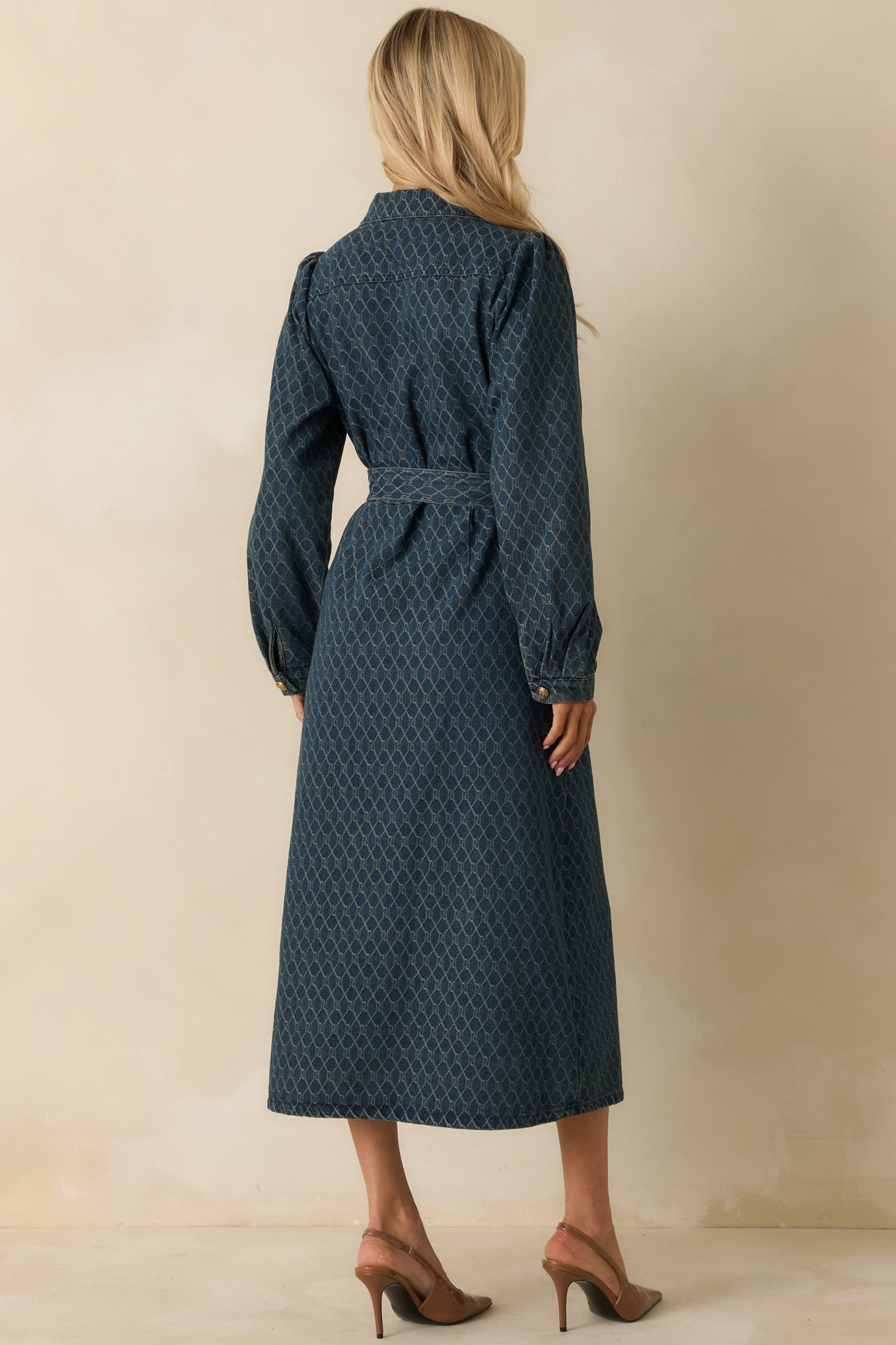 Just As I Said Blue Cotton Patterned Denim Belted Midi Dress
