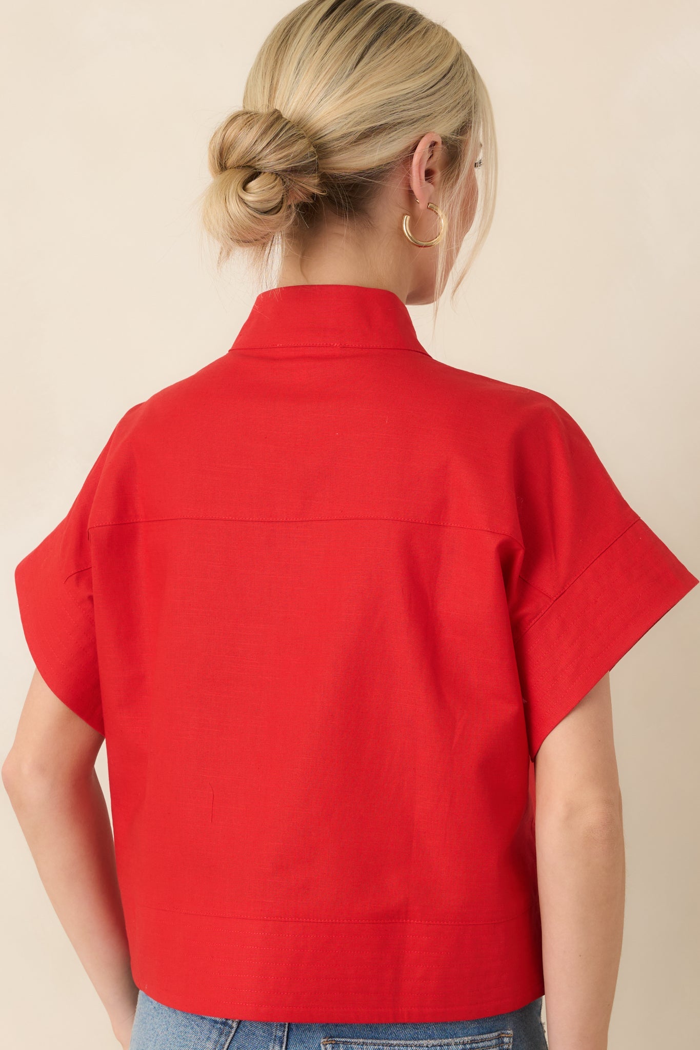 Pretty In Power Red Cotton Linen Button-Front Mock Neck Top