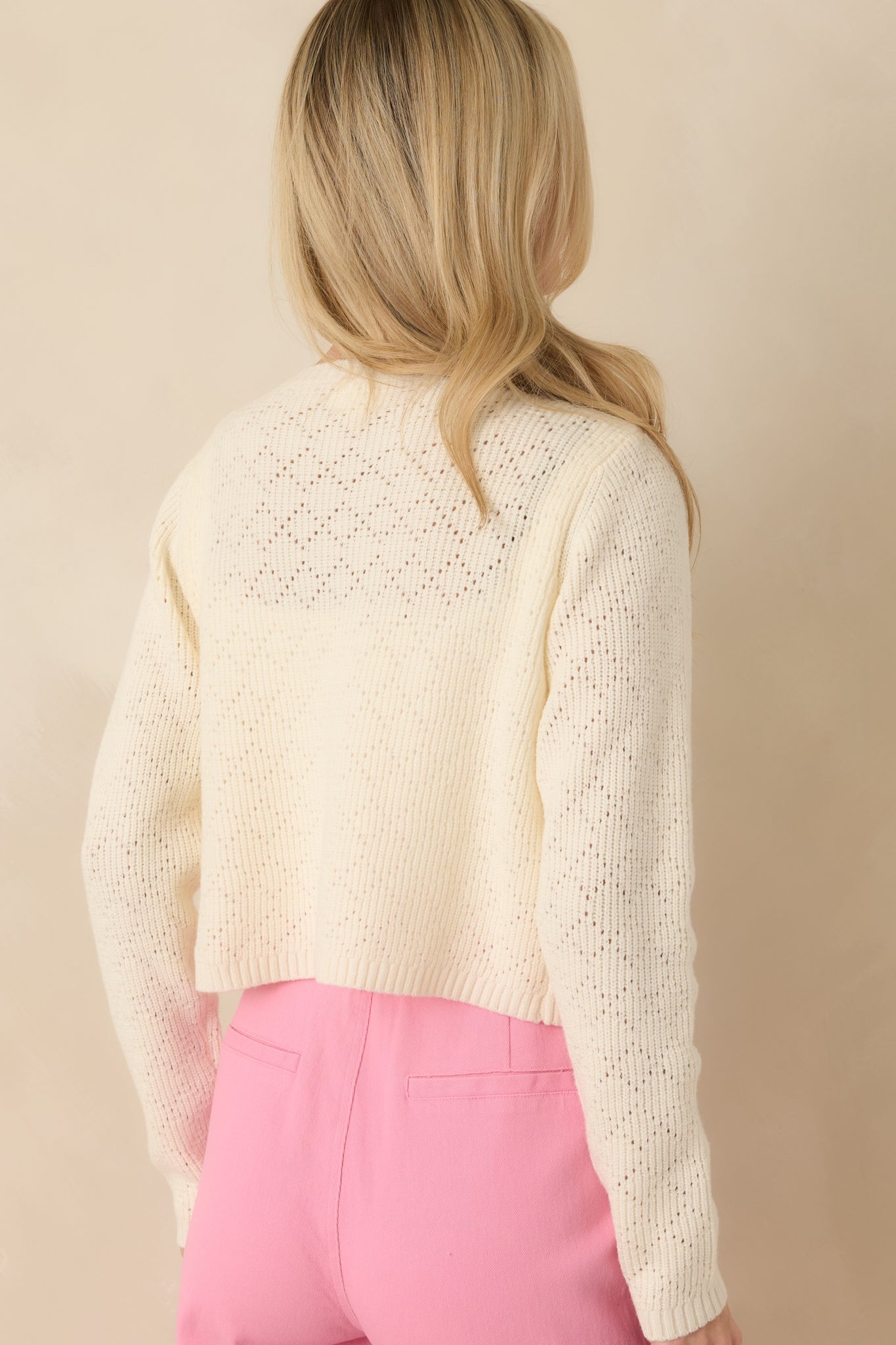 The Primrose Parlour Ivory Knit Pink Rose Embroidered Cardigan