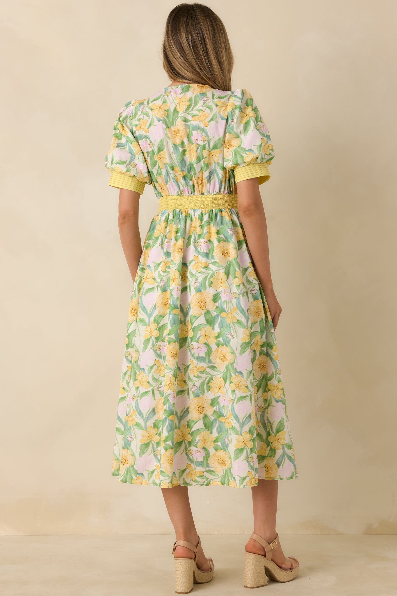 Color Me Floral Yellow Multi Floral Print Cotton Zip Front Midi Dress