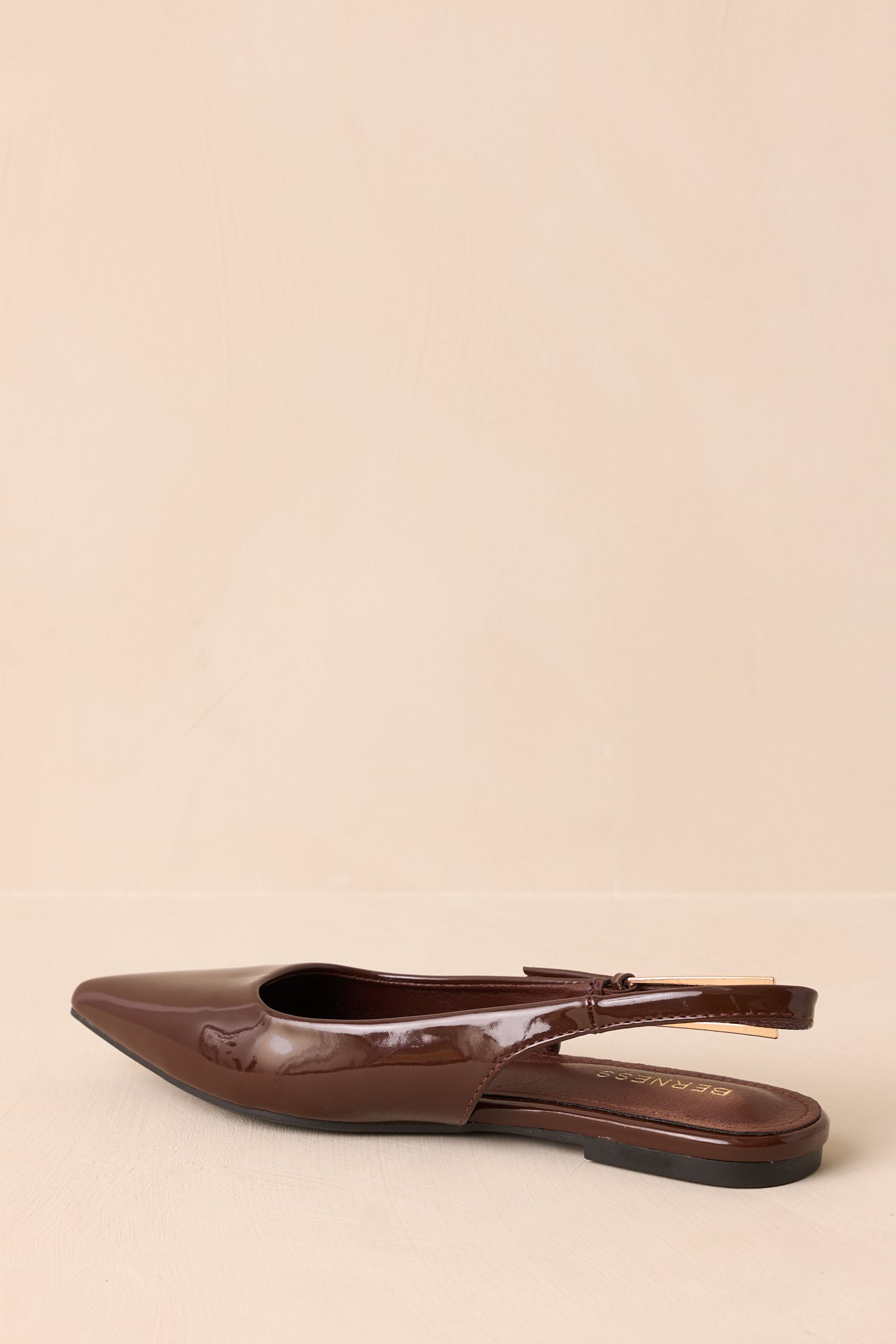 Take Notes Dark Brown Patent Faux Leather Pointed Toe Slingback Flats