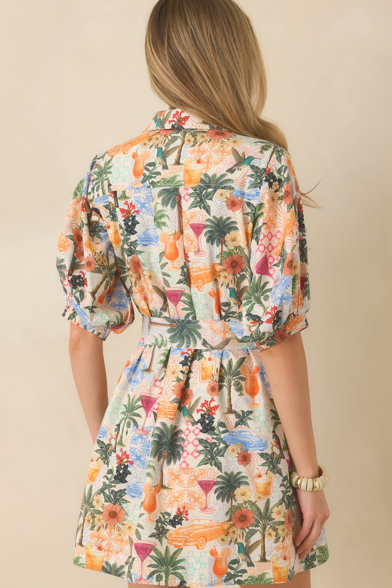 Retro Riviera Multi Tropical Print Tie-Belt Mini Shirt Dress