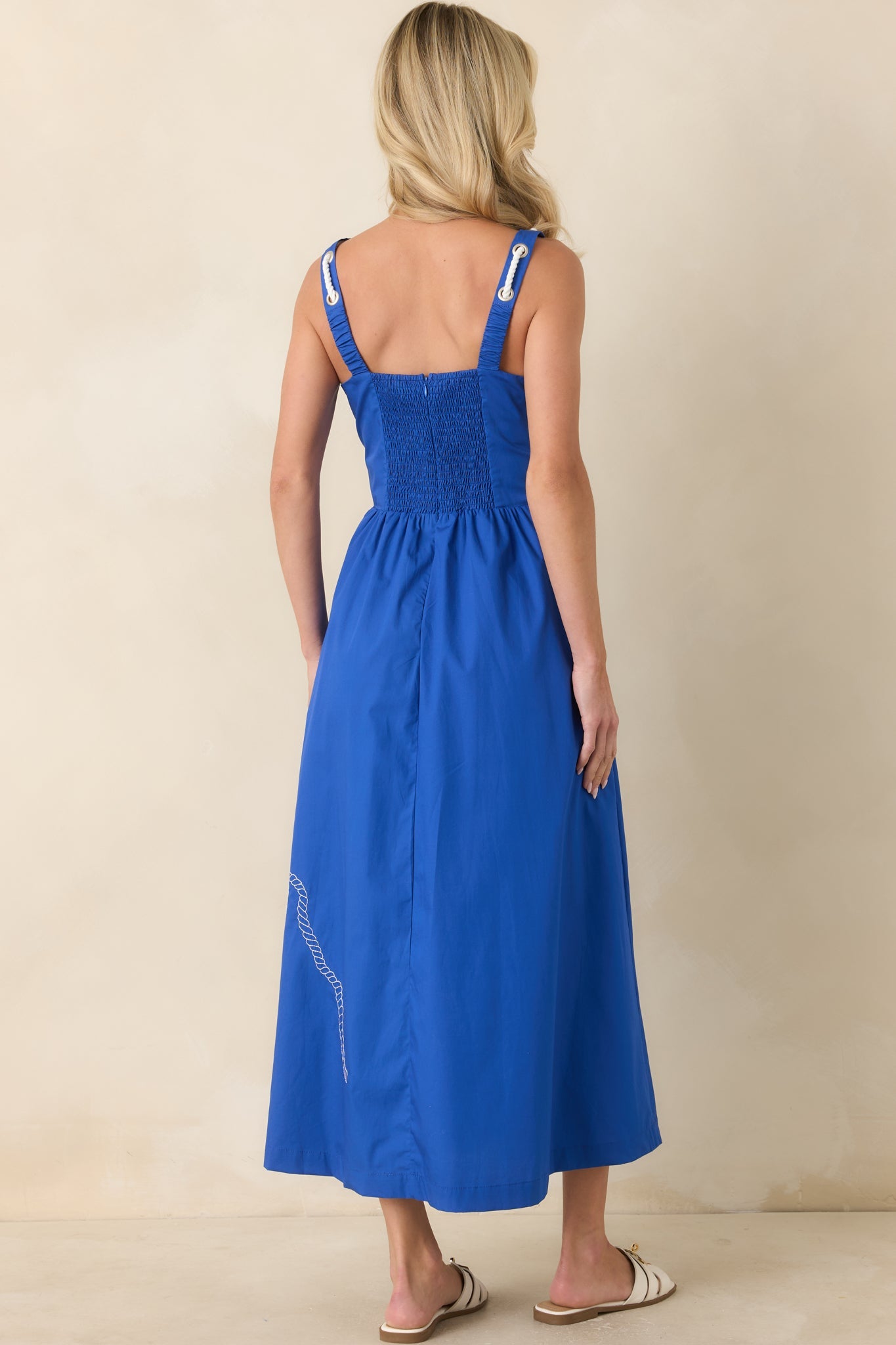 Knot Too Far Royal Blue Cotton Embroidered Midi Dress