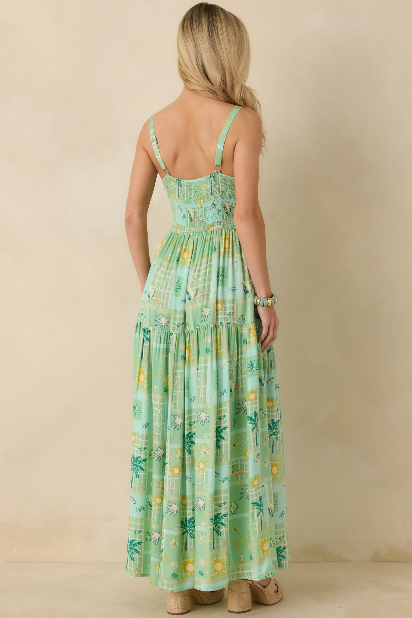 Sunlit Getaway Green Multi Tropical Sleeveless Maxi Dress