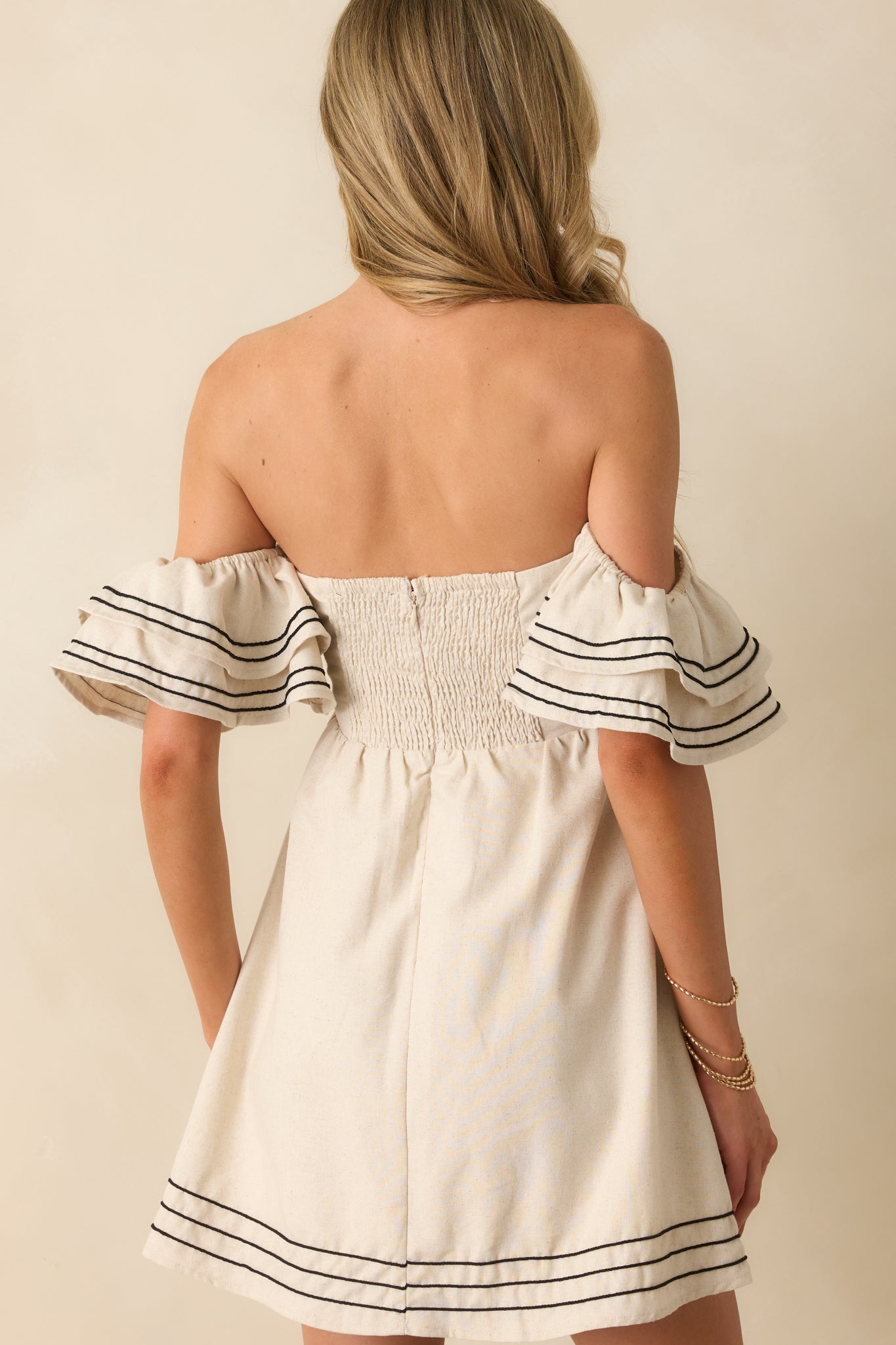 Left An Impression Natural Linen Blend Off The Shoulder Mini Dress