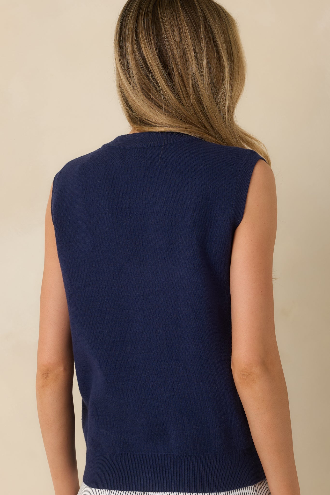 Where Shell We Meet Navy Blue Knit & Gold Shell Button Up Sweater Vest