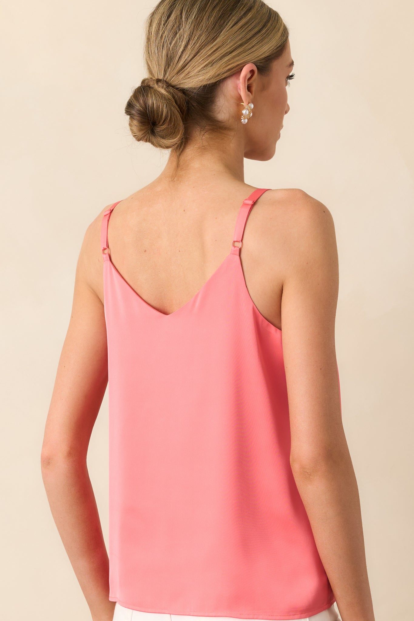 No Worries Here Pink Coral Satin V-Neck Tank Top