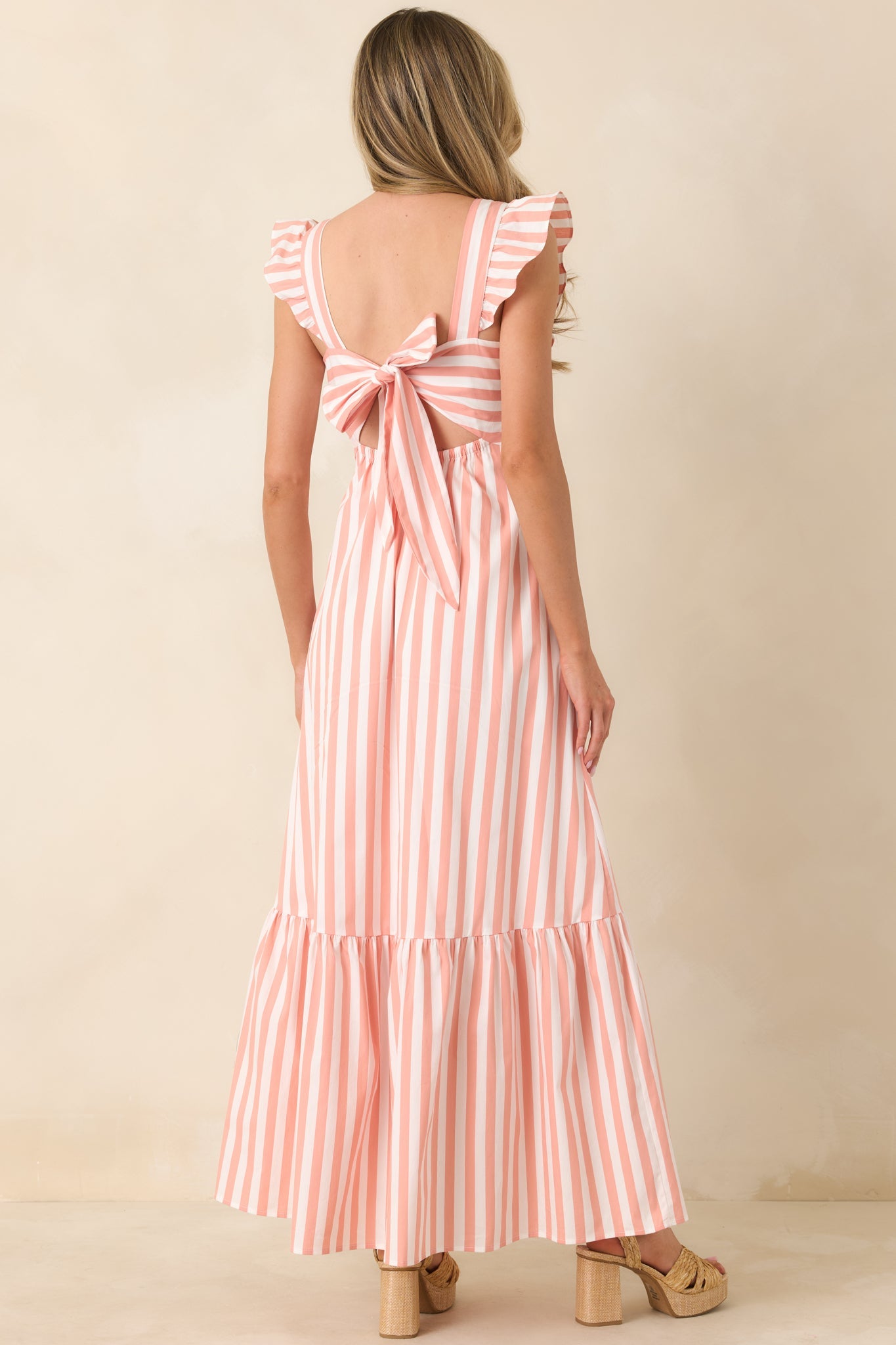 Sunset on the Shore Coral Orange Stripe Tie-Back Tiered Maxi Dress