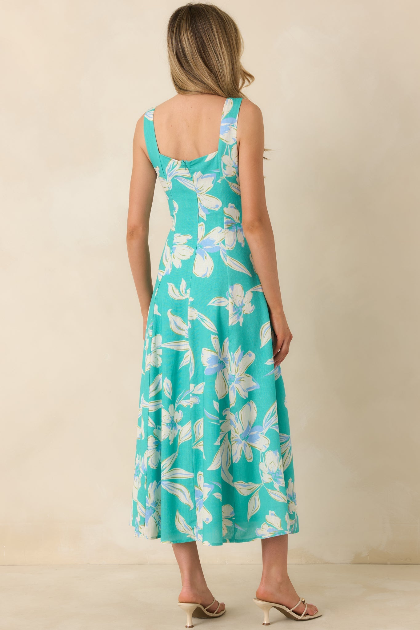 Laguna Bloom Turquoise Multi Floral Sleeveless Midi Dress
