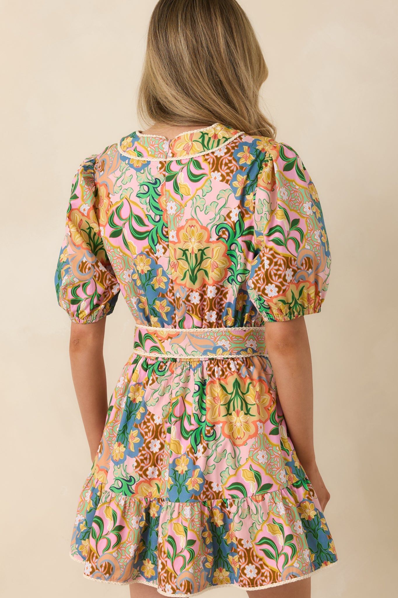 In Full Color Pink Multi Floral Cotton Belted Mini Dress