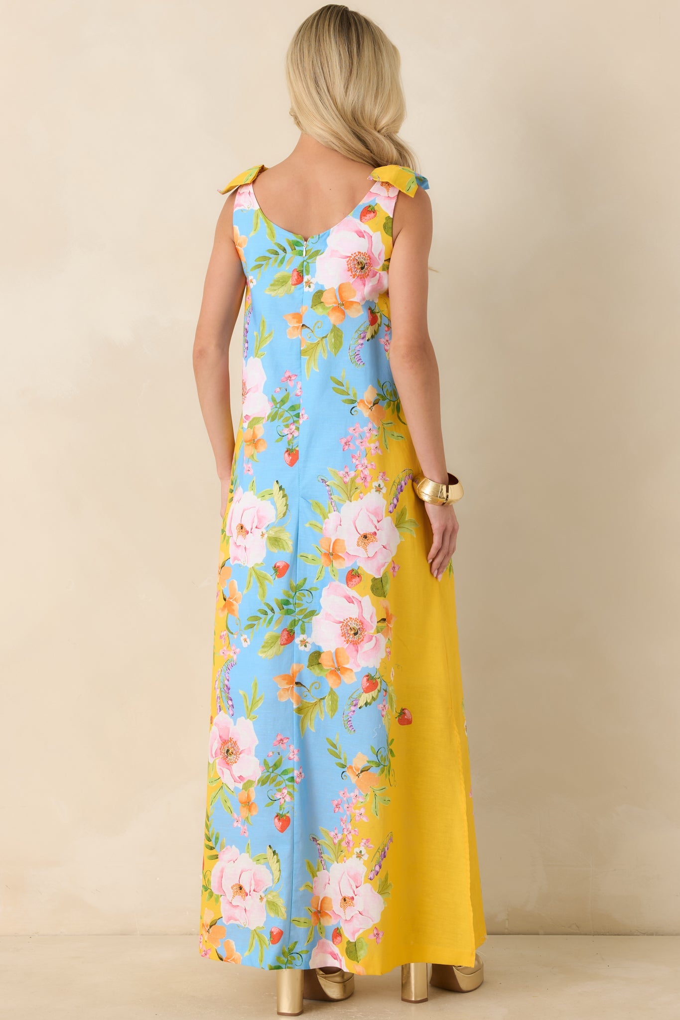 Prosperina Lucie Blue & Yellow Floral Linen Blend Maxi Dress