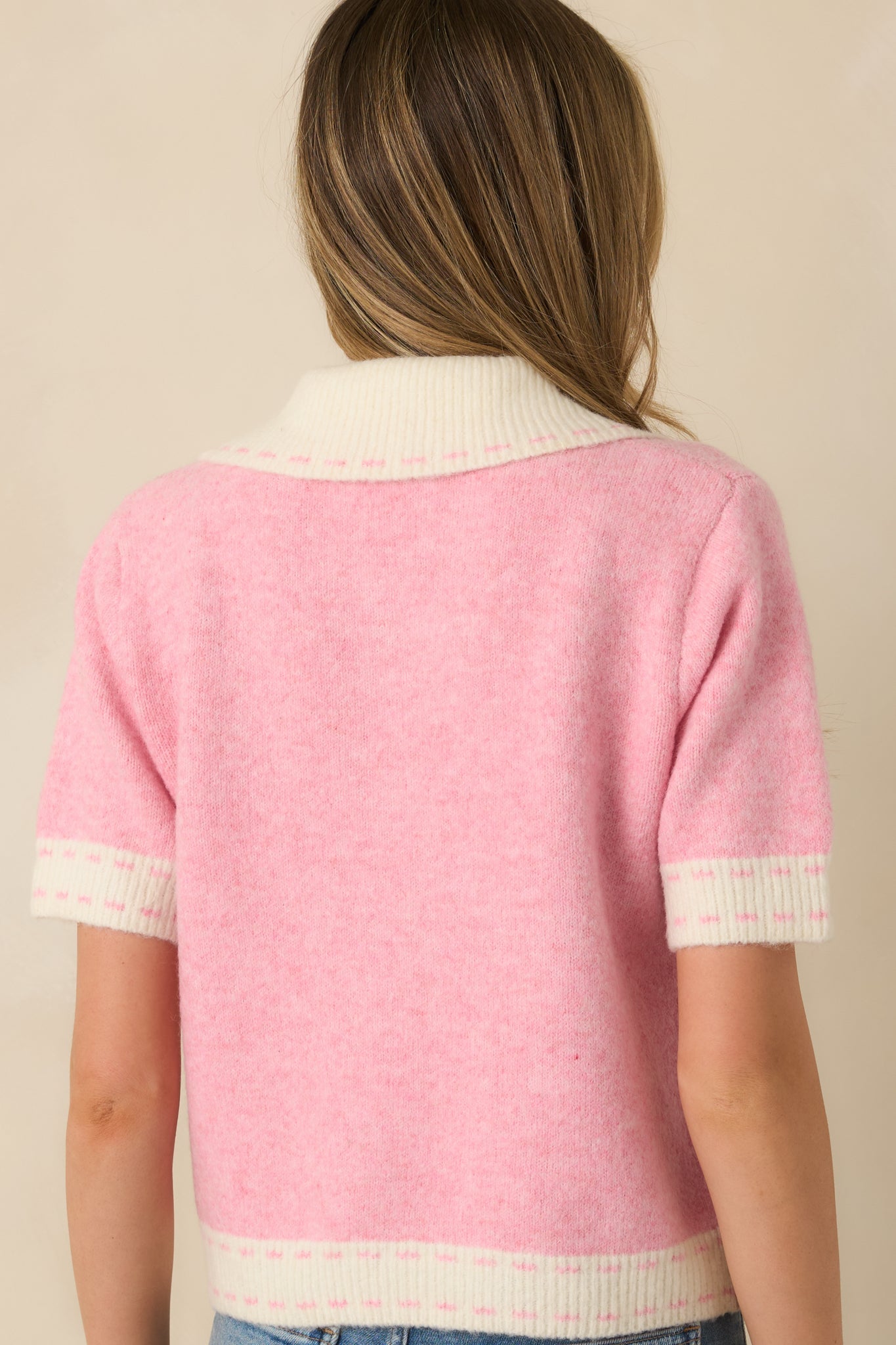 Clubhouse Chic Pink & Ivory Contrast Trim Button-Front Knit Polo Cardigan