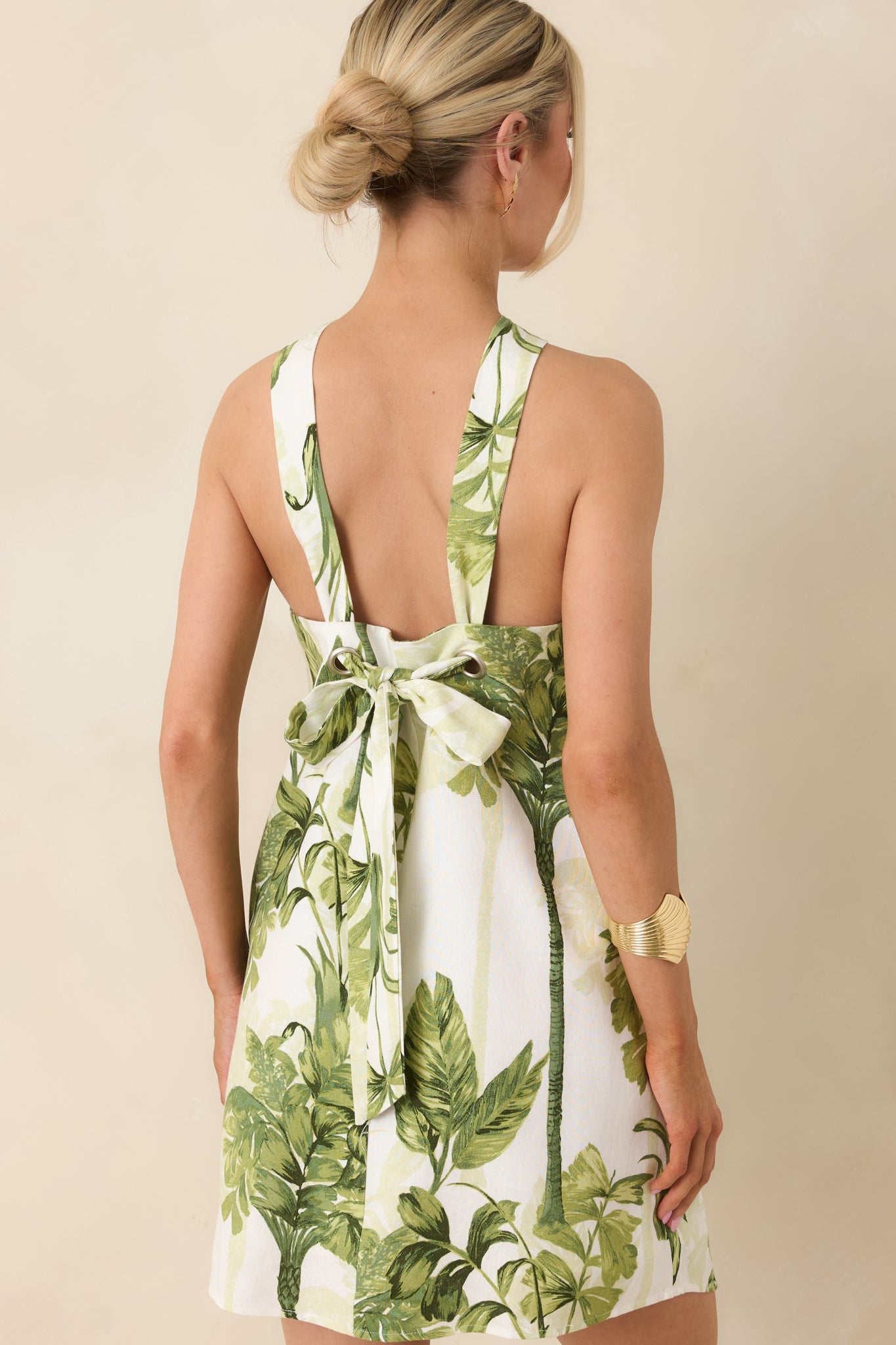 Catching Waves Ivory & Green Tropical Print Tie-Back Halter Mini Dress