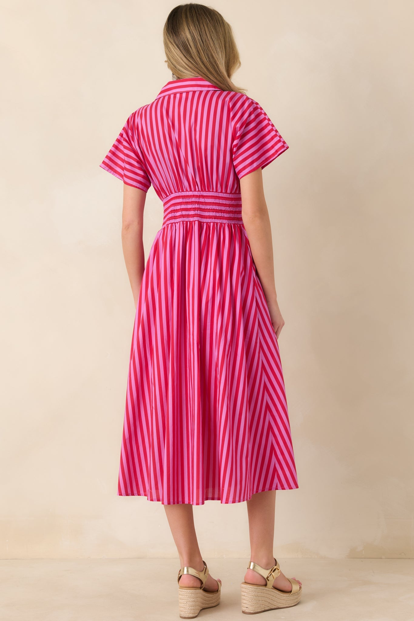 Put It in Motion Pink & Red Stripe Cotton Midi Dress