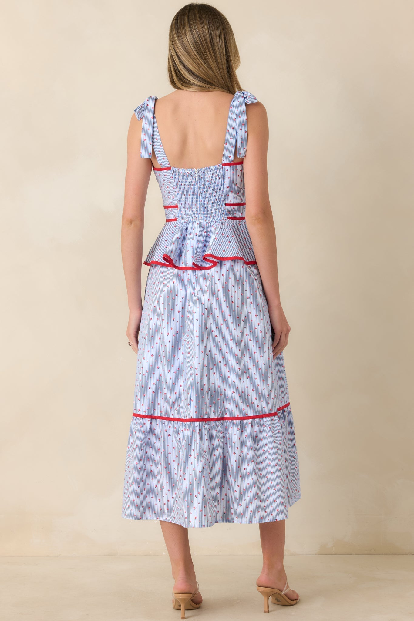 Sweet Tea in July Light Blue & Red Cotton Floral Stripe Peplum Midi Dress
