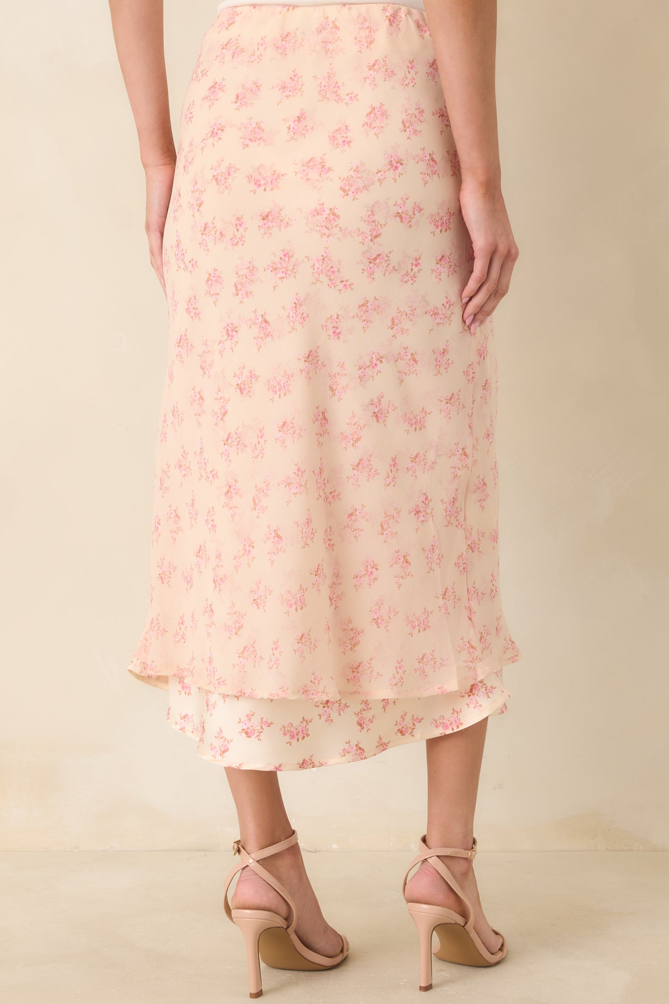 Drifting in Dreams Pink Floral Chiffon Layered Midi Skirt