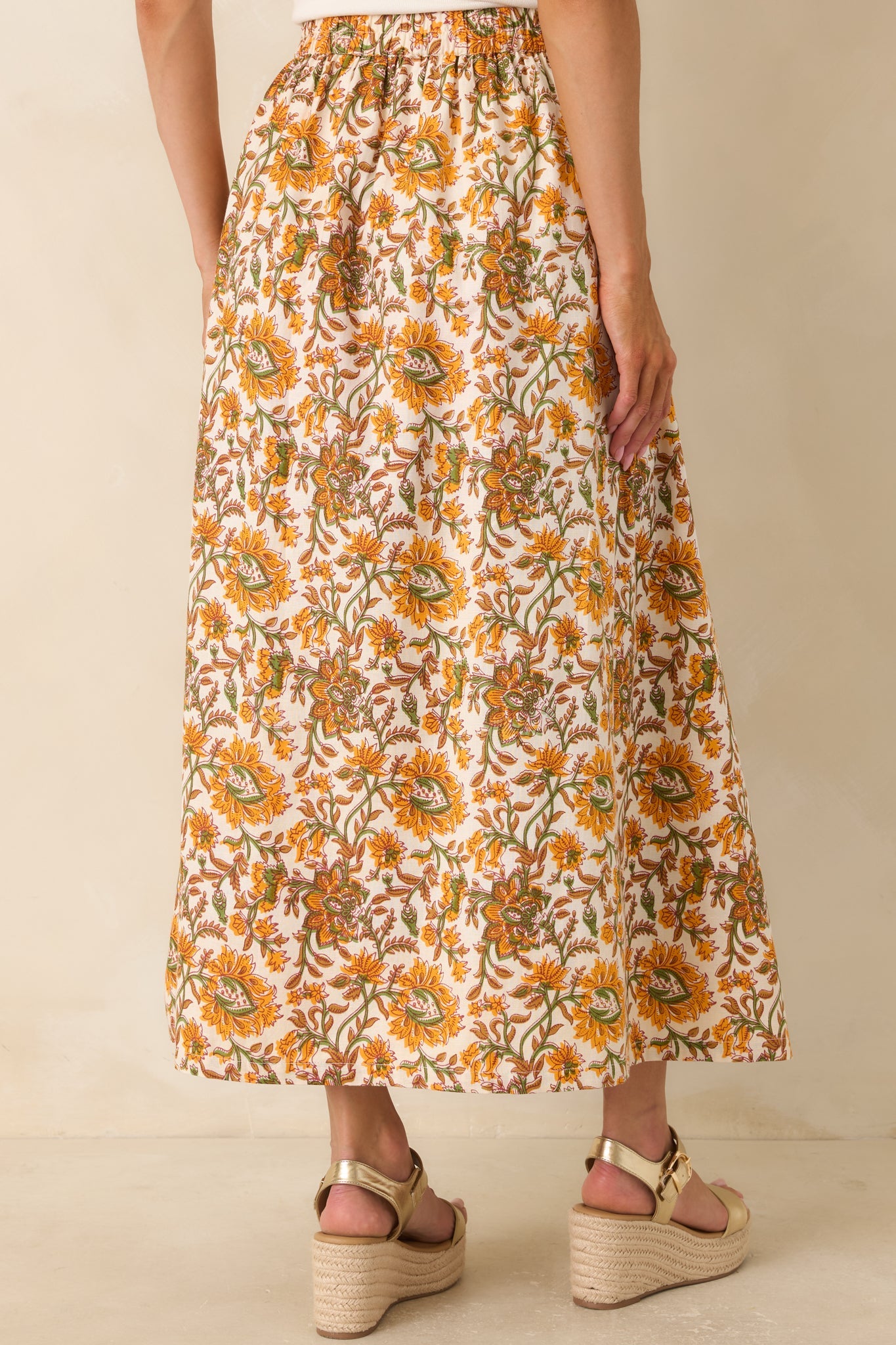 Easy to Love Marigold & Olive Green Floral Cotton Maxi Skirt