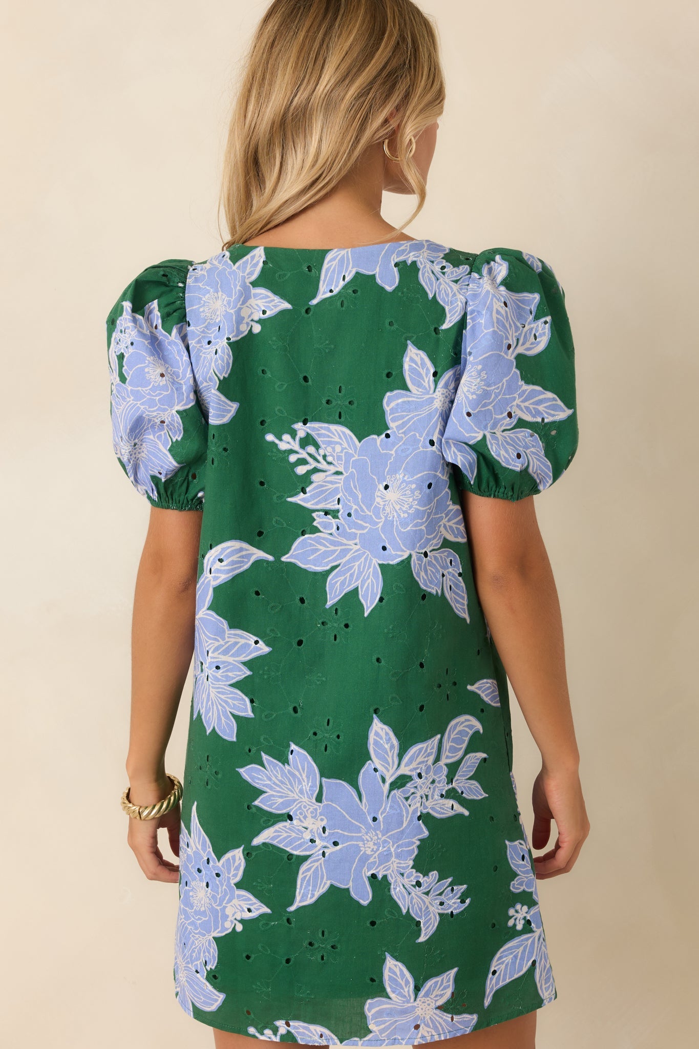 If You Ask Me Hunter Green & Blue Floral Cotton Puff Sleeve Mini Dress