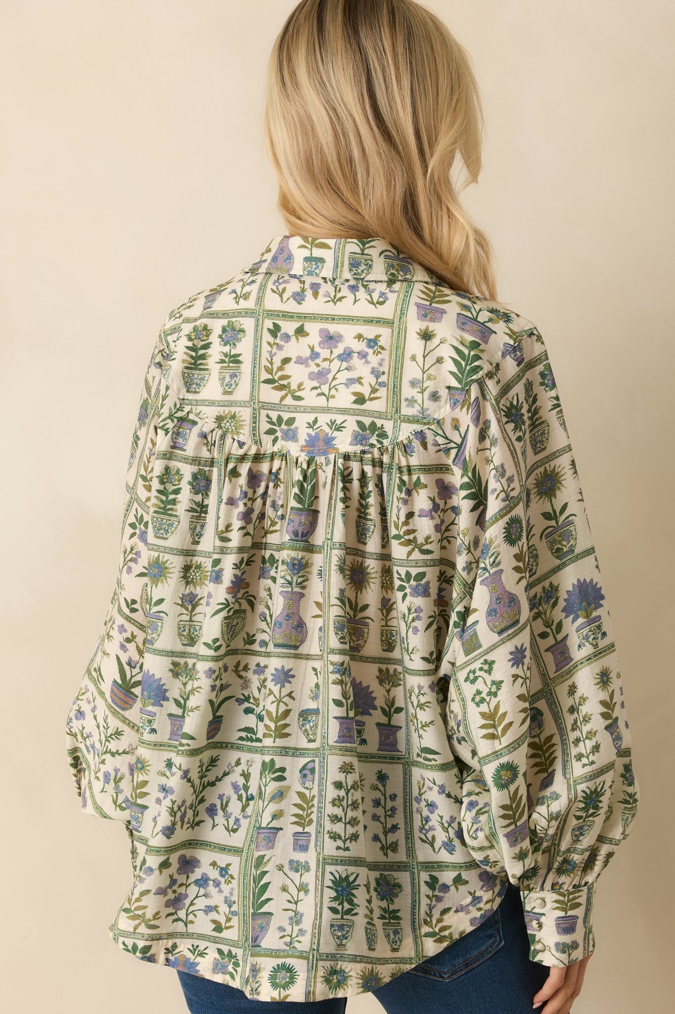 All Set Then Green Multi Floral Print Linen Blend Button Up Blouse