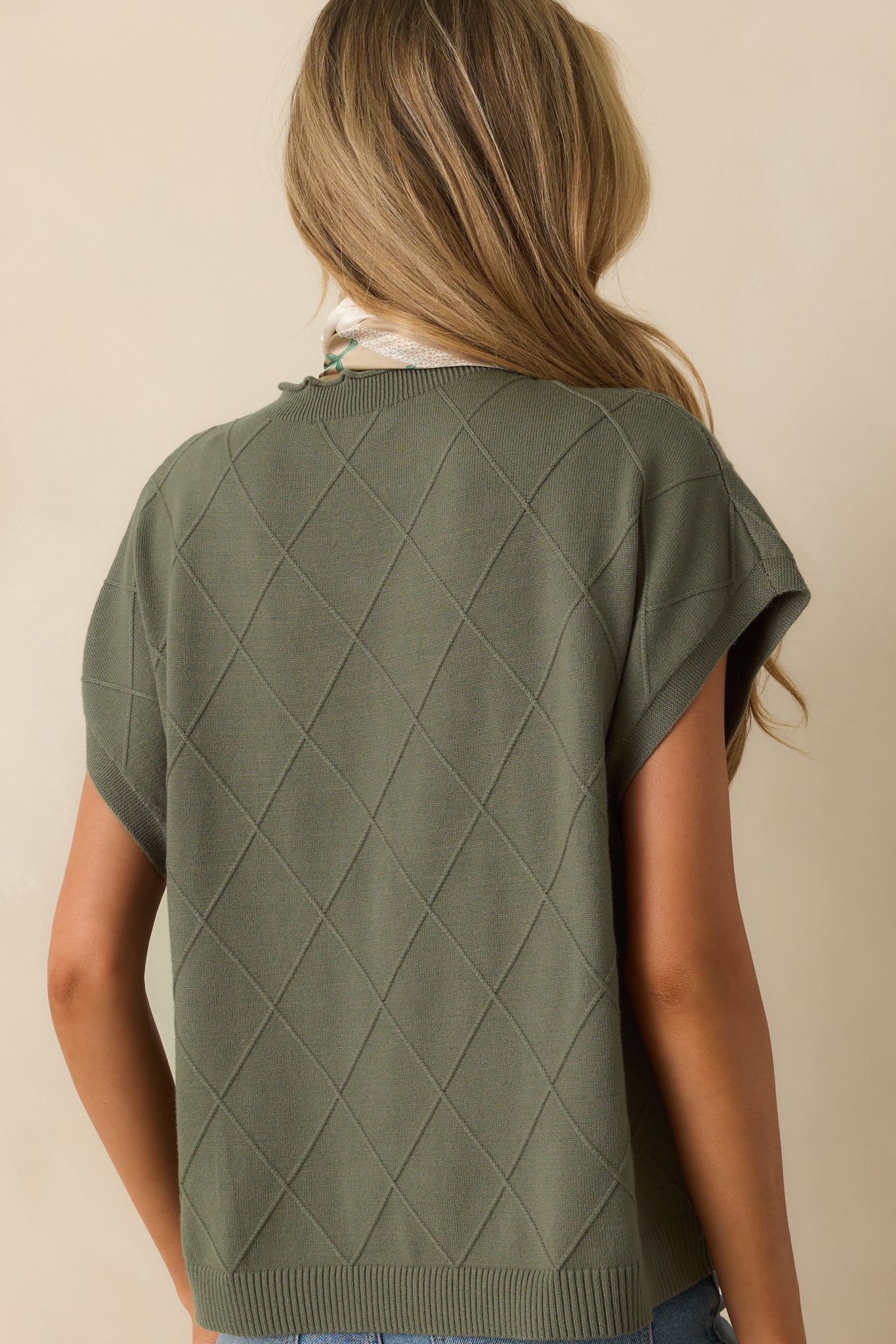 The Clear Choice Olive Green Short Sleeve Argyle Stitch Sweater