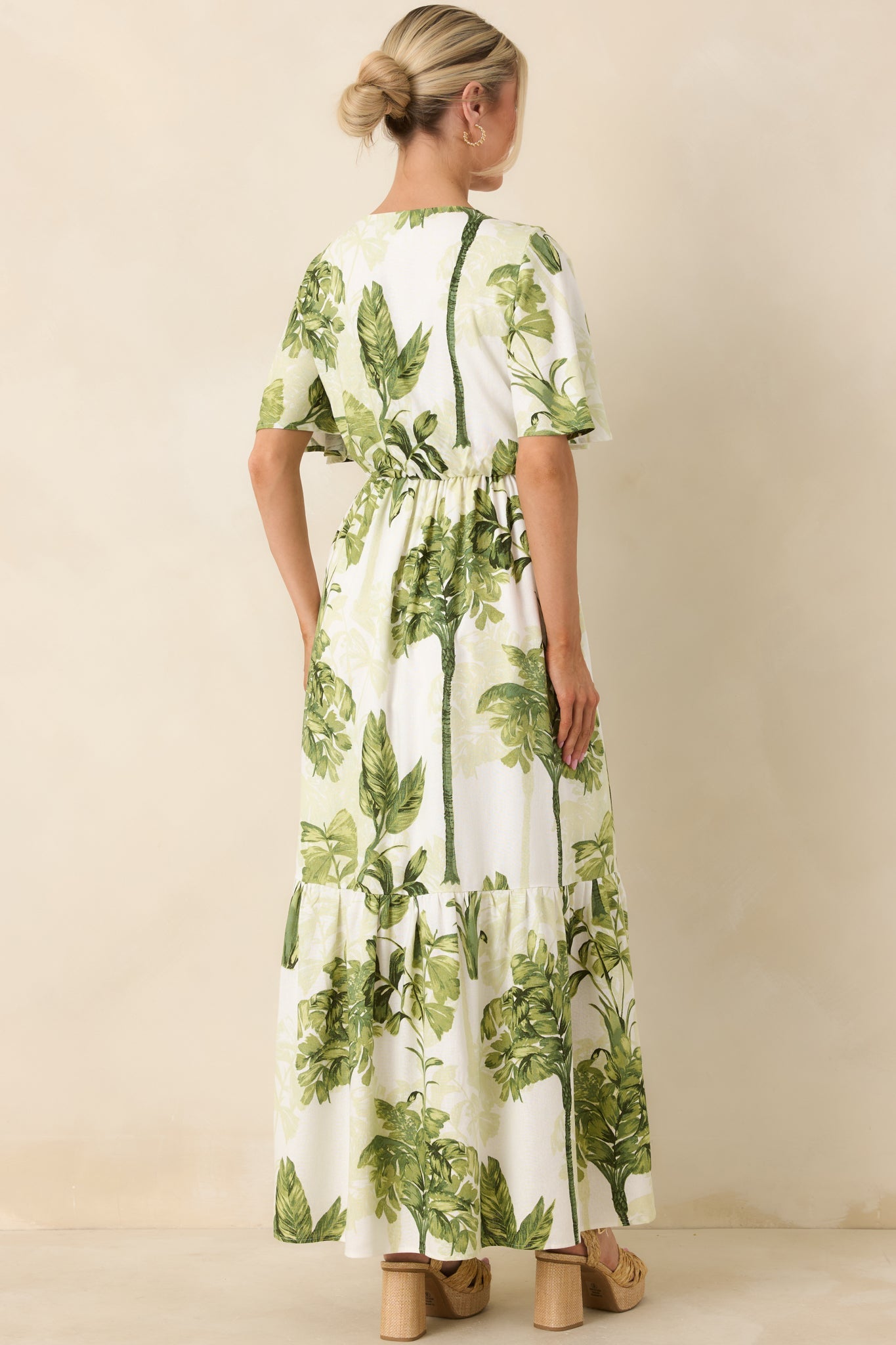 Under Swaying Palms Ivory & Green Tropical Flutter Maxi Dress